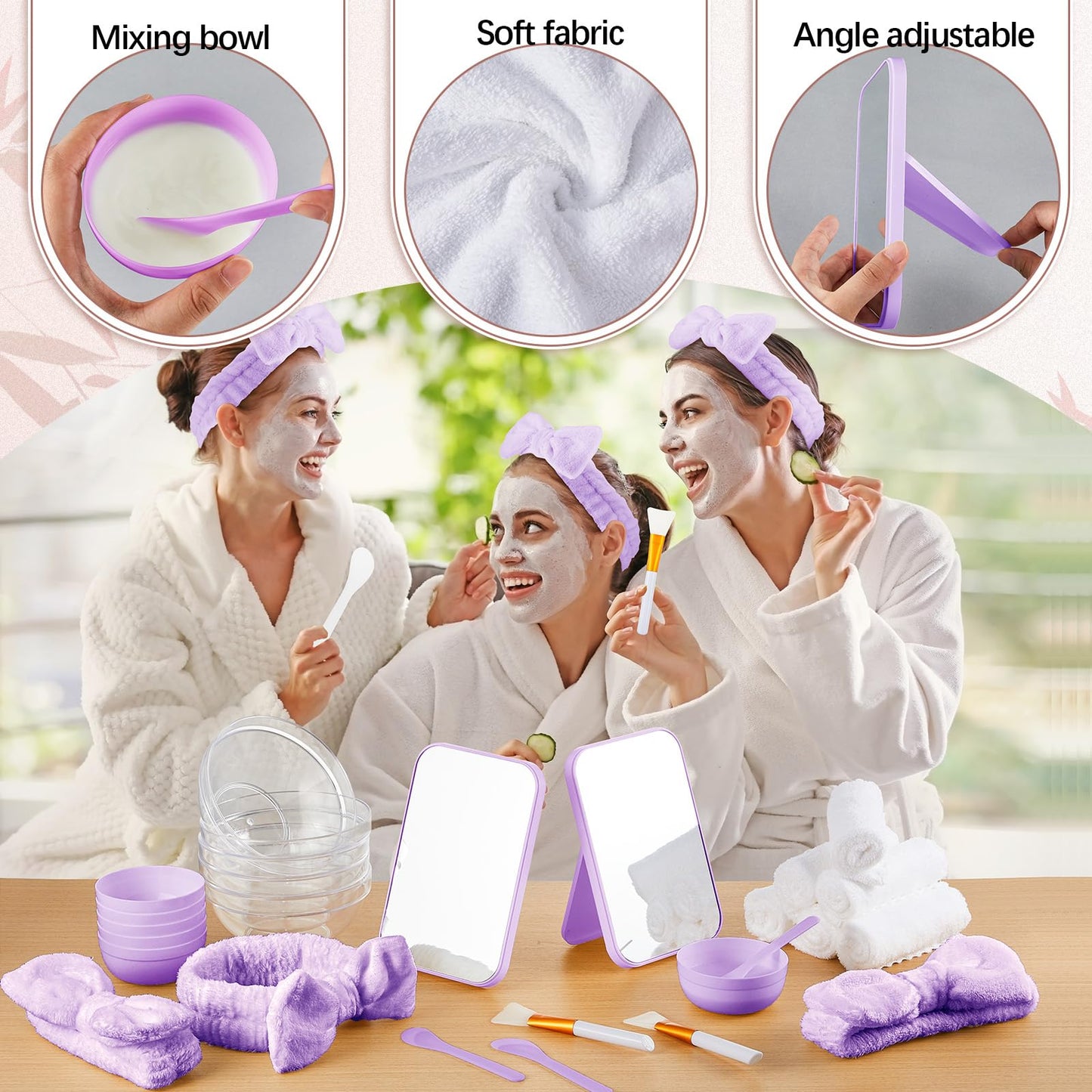 Teenyyou 6 Set Purple Spa Supplies for Girls Women Include Facial Mask Bowl with Headband Stick Spatula Silicone Brush Mirror Face Towel DIY Sleepover Slumber Spa Wedding Birthday Party Favor