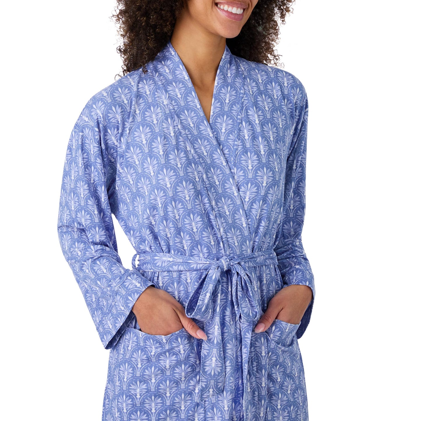 Tommy Bahama - Women's Short Wrap Robe, Long Sleeve Stretch Jersey Kimono with Pockets for Sleep or Lounge (Blue Floral Medallion, Small/Medium)
