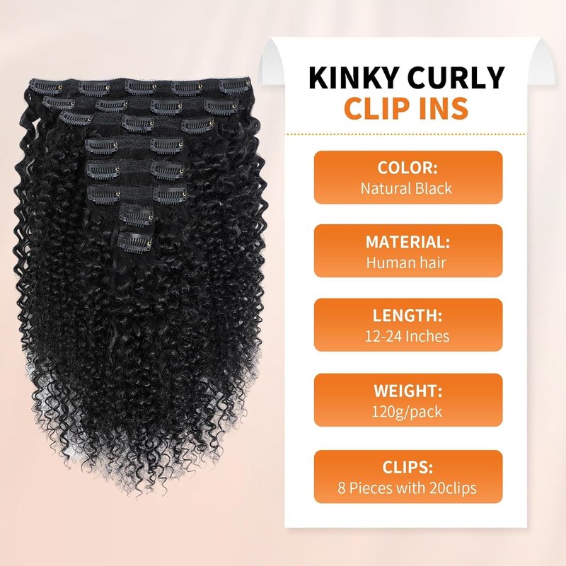 Kinky Curly Clip-In Hair Extensions - 18 Inch 120g Natural Black | 3C 4A Texture, 8Pcs with 20 Clips
