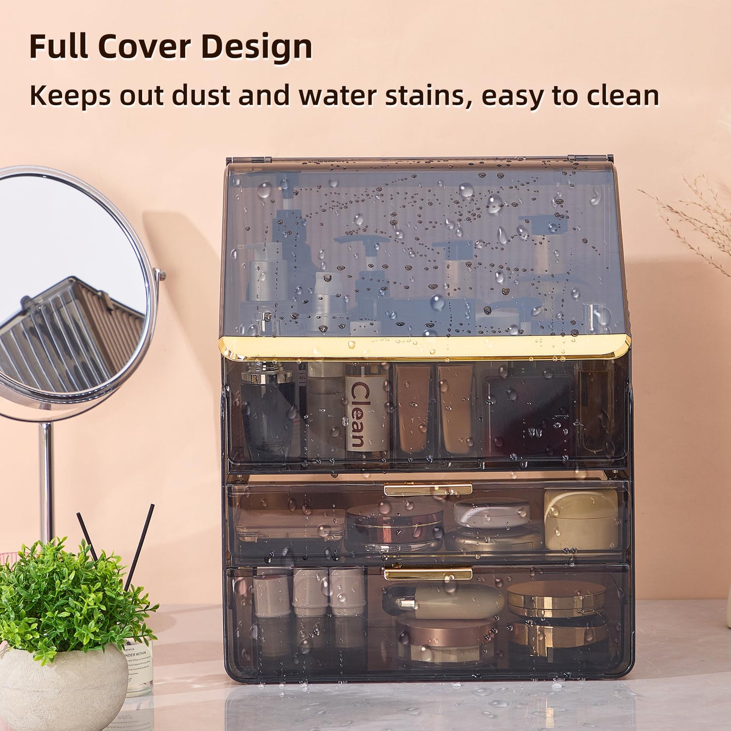 Large Cosmetic Organizer with Lipstick Holder Fully Transparent with Drawers, Dustproof Waterproof Bathroom Counter Storage for Skincare Lipstick Makeup Brushes(White)