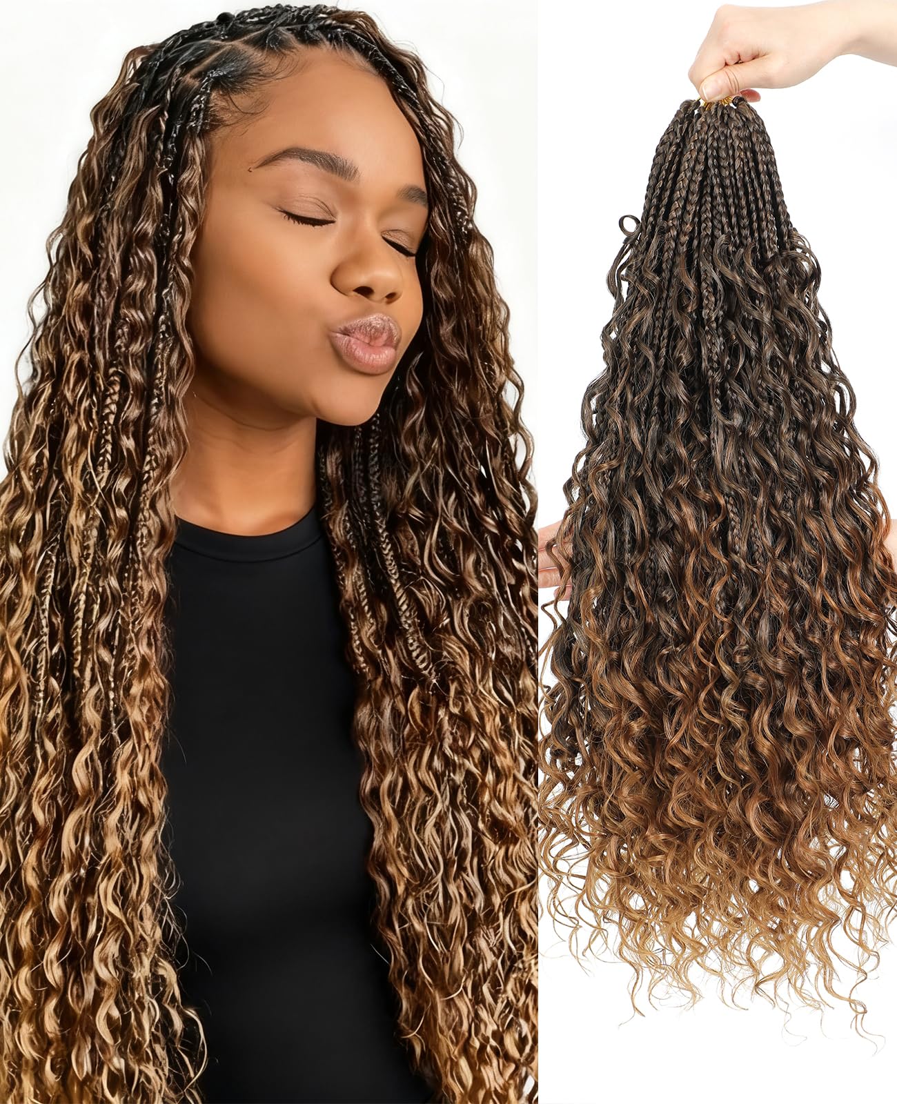 Pintress Boho Crochet Briads - Ombre Blonde Brown 24 Inch 8 Packs Pre-looped Goddess Box Braids with Curly Ends for Women (24inch, 1B/30/27#)
