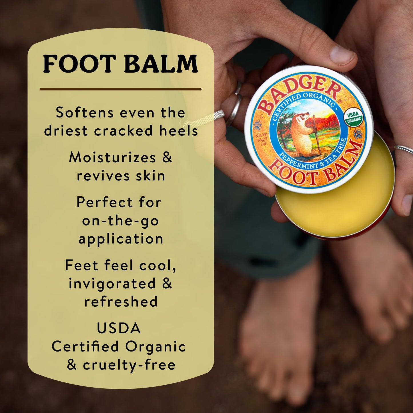 Badger Foot Balm, 100% Organic Foot Cream for Dry Cracked Heels and Feet, Fast Acting Foot Care for Women & Men, All-Natural Cracked Heel Treatment, 2 oz Tin
