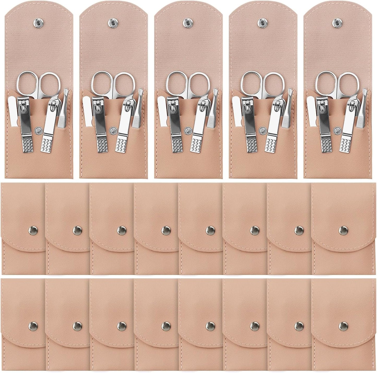 Stainless Steel Manicure Set - Professional Nail Clippers Kit | 7-in-1 Grooming Tools, Pink (24 Pack)