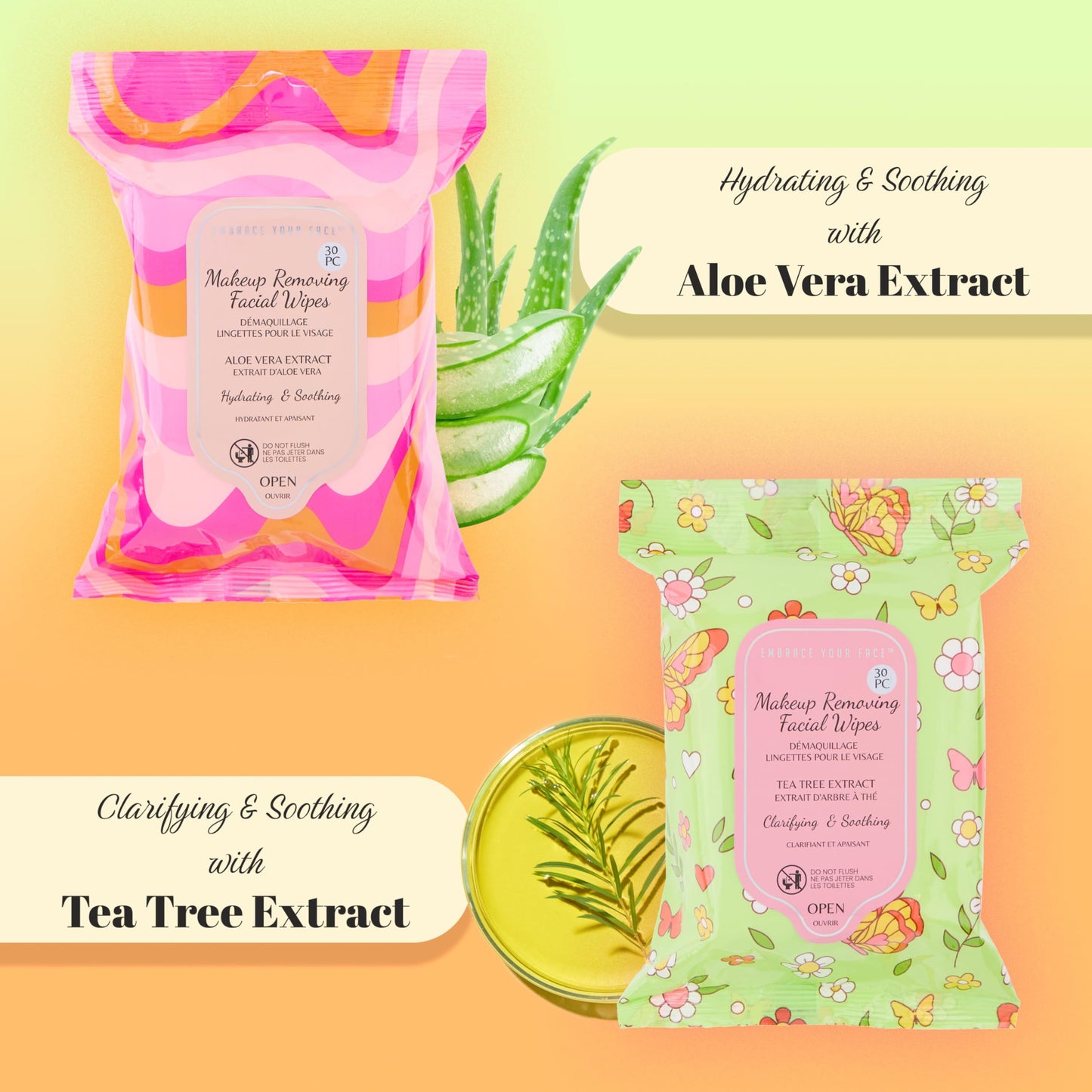 120pc Makeup Removal Wipes Variety Set | 4-Pack Groovy Botanical Makeup Remover Facial Cleansing Towelettes with Charcoal, Tea Tree, Cucumber, & Aloe Vera