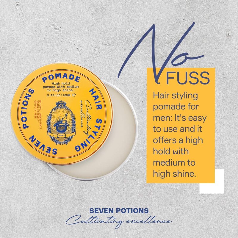 SEVEN POTIONS Men’s Hair Pomade — High Shine, High Hold, Water-Based — Barber-Grade Styling for Slick Back, Pompadour & Side Part — Natural, Vegan, Cruelty-Free — 3.4 fl oz / 100ml