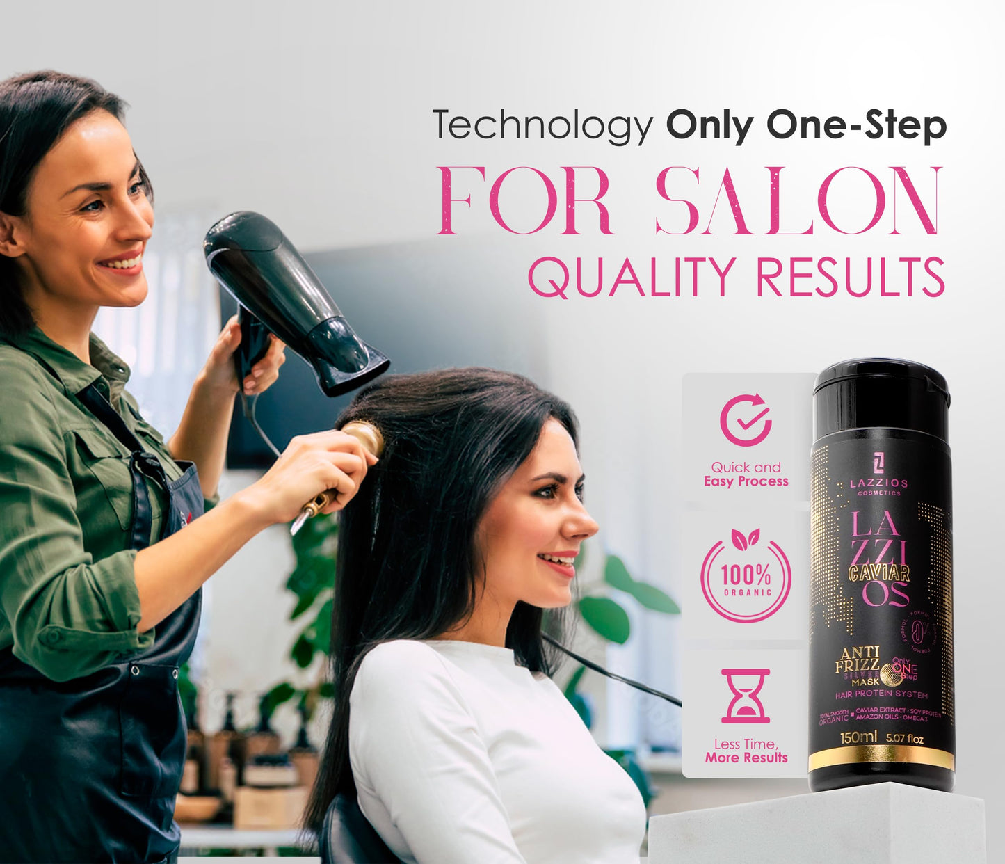 Lazzios Caviar Organic Hair Protein – Brazilian Professional Straightening & Smoothing Treatment – Formaldehyde-Free Formula with No Toxic Acids, Hyaluronic Acid, Keratin, Caviar & Argan Oil – 120 ml