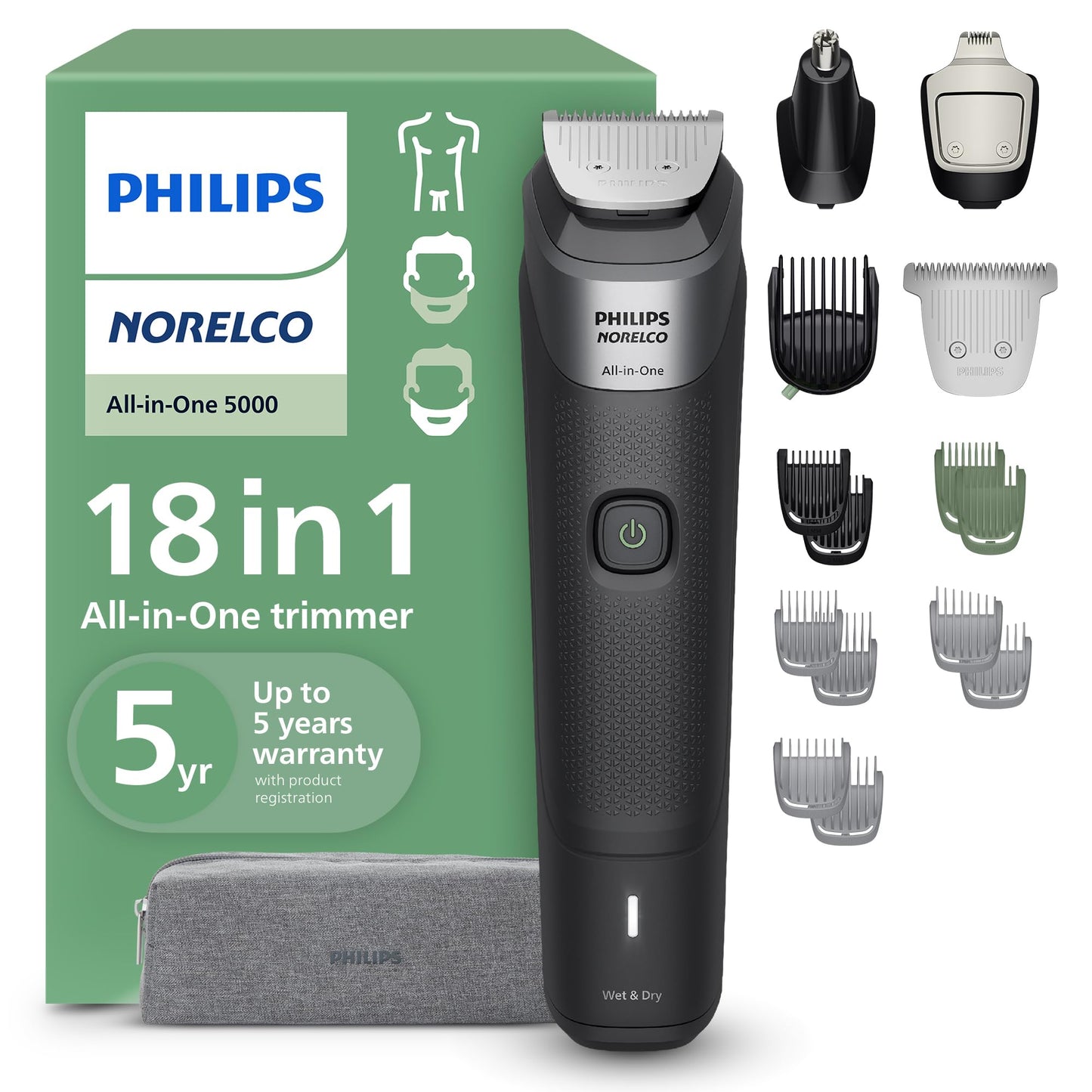 Philips Norelco All-in-One 18-Piece Trimmer 5000 Series - Shaver and Clipper for Face, Hair & Body, Self-sharpening Titanium Coated Blades, 16 Length Settings (0.5-16 mm), Wide Hair Clipper, MG5970/49