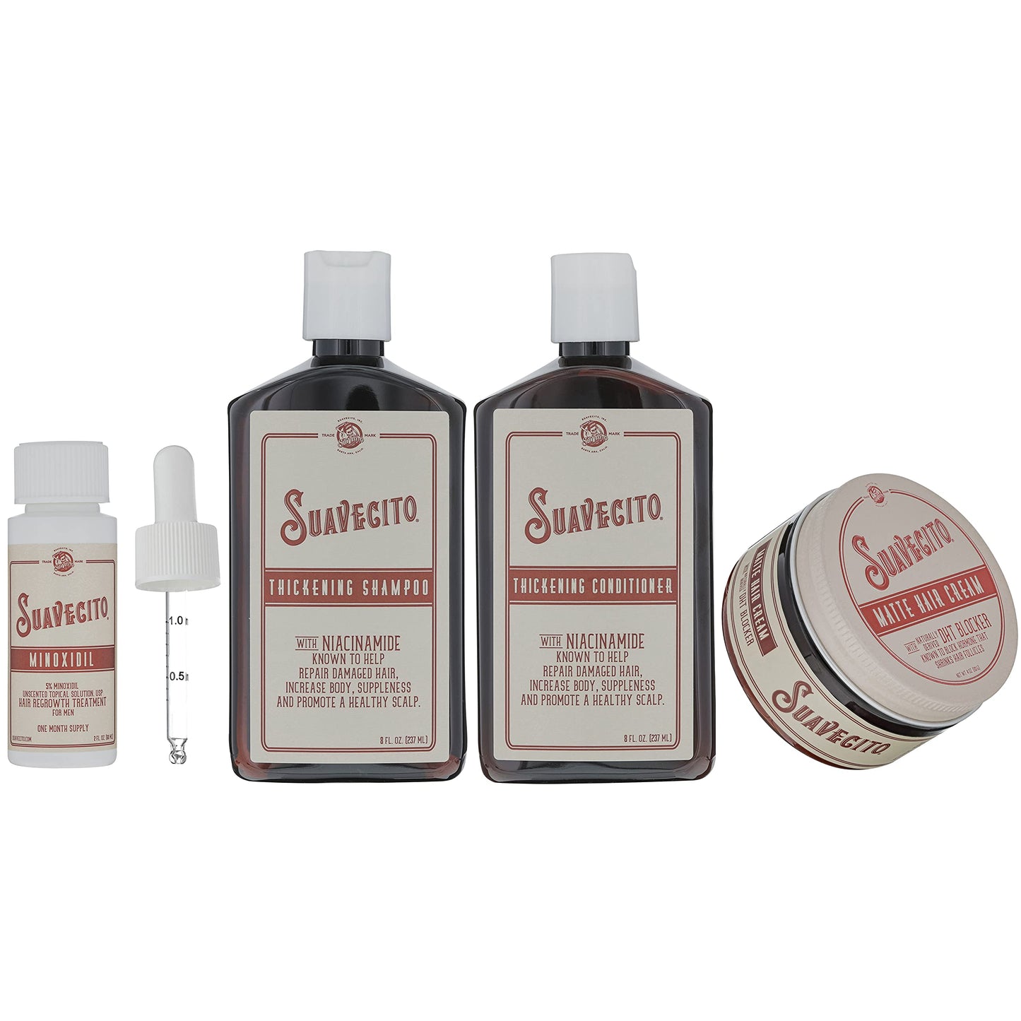 Suavecito Hair Loss Treatment Kit For Hair Regrowth - Minoxidil 5%, Hair Thickening Shampoo & Conditioner With Niacinamide & Biotin, Matte Hair Cream With DHT Blocker (1 Month Minoxidil)