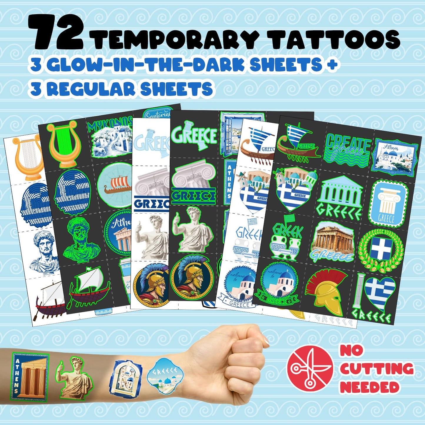 96 PCS Greek Mythology Party Favors Set – 72 Pre-Cut Temporary Tattoos & 24 Slap Bracelets, Perfect for Cultural Festivals & Travel-Inspired Celebrations