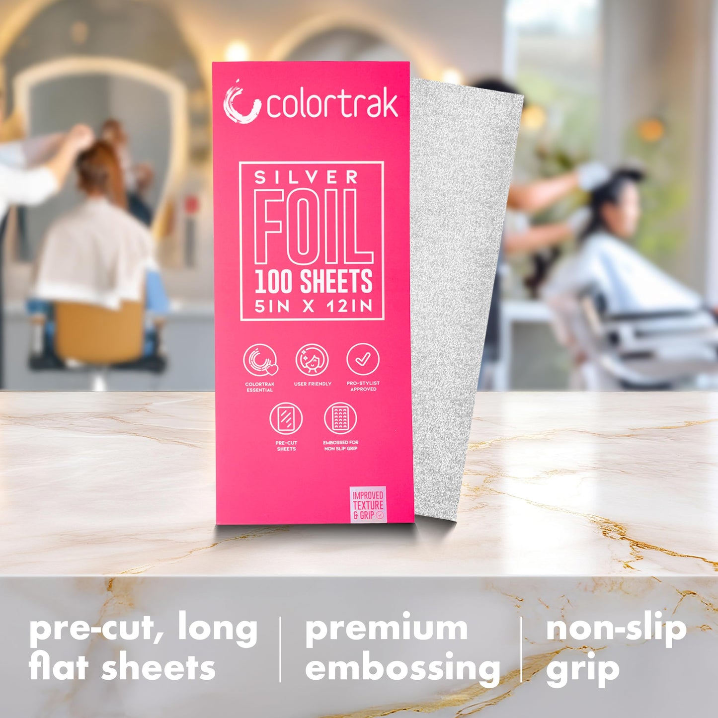 Colortrak Embossed Hair Coloring Foil Sheets, Professional, Convenient 5 x 12 inch Long Pre-cut Sheets, Easy to Grab During Processing, Silver, No Separating Tissues Need, 100 Per Box