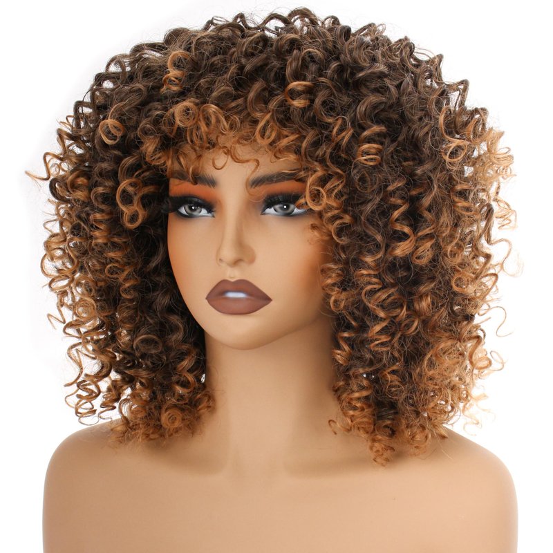 PORSMEER 14inch Black/Brown Curly Wigs for Women,Short Kinky Afro Curly Wigs with Bangs Natural Soft Bouncy Fluffy Heat Resistant Synthetic Hair Wig 70s for Daily or Party