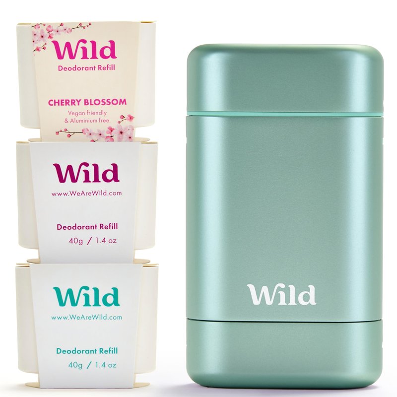 Wild Aluminum Free Deodorant Starter Kit - Refillable Stick Deodorant with Aqua Applicator Case & Vegan Refill Variety Pack - Fresh Cotton & Sea Salt, Cherry Blossom and Coconut & Vanilla Scents