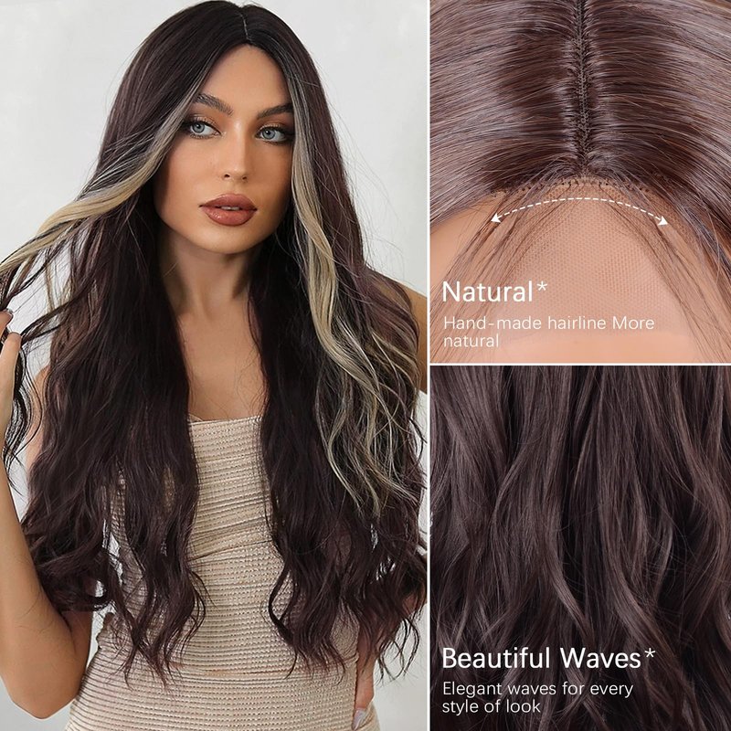 T-color Long Brown Mix Blonde Wavy Wig for Women 26 Inch Middle Part Curly Wavy Wig Natural Looking Synthetic Heat Resistant Fiber Wigs for Daily Wear, Party, Cosplay