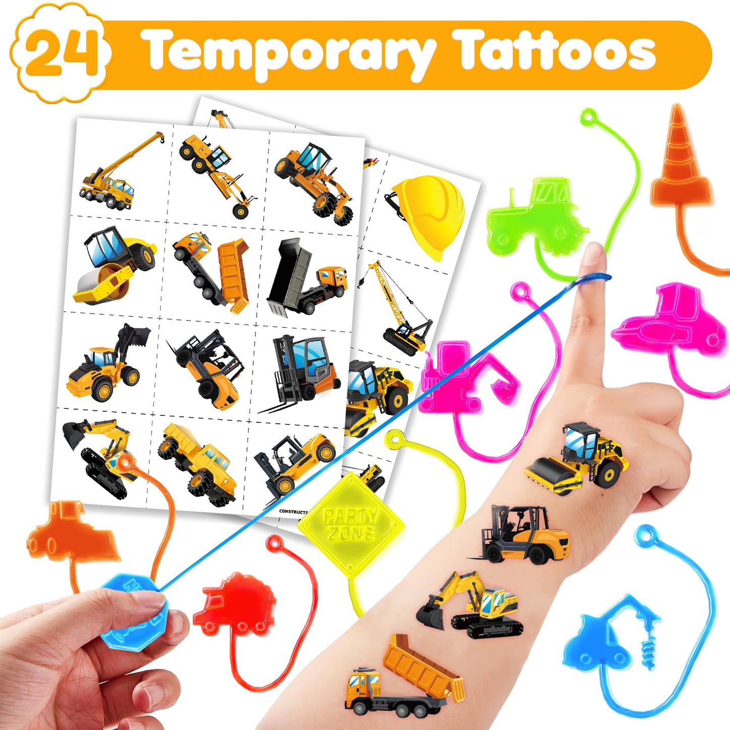 48PCS Construction Party Favors - 24PCS Temporary Tattoos & 24PCS Stick Hands Party - Perfect Birthday Party Supplies, Goodie Bag Stuffers, Treasure Box Toys, Classroom Prizes, and Student Gifts