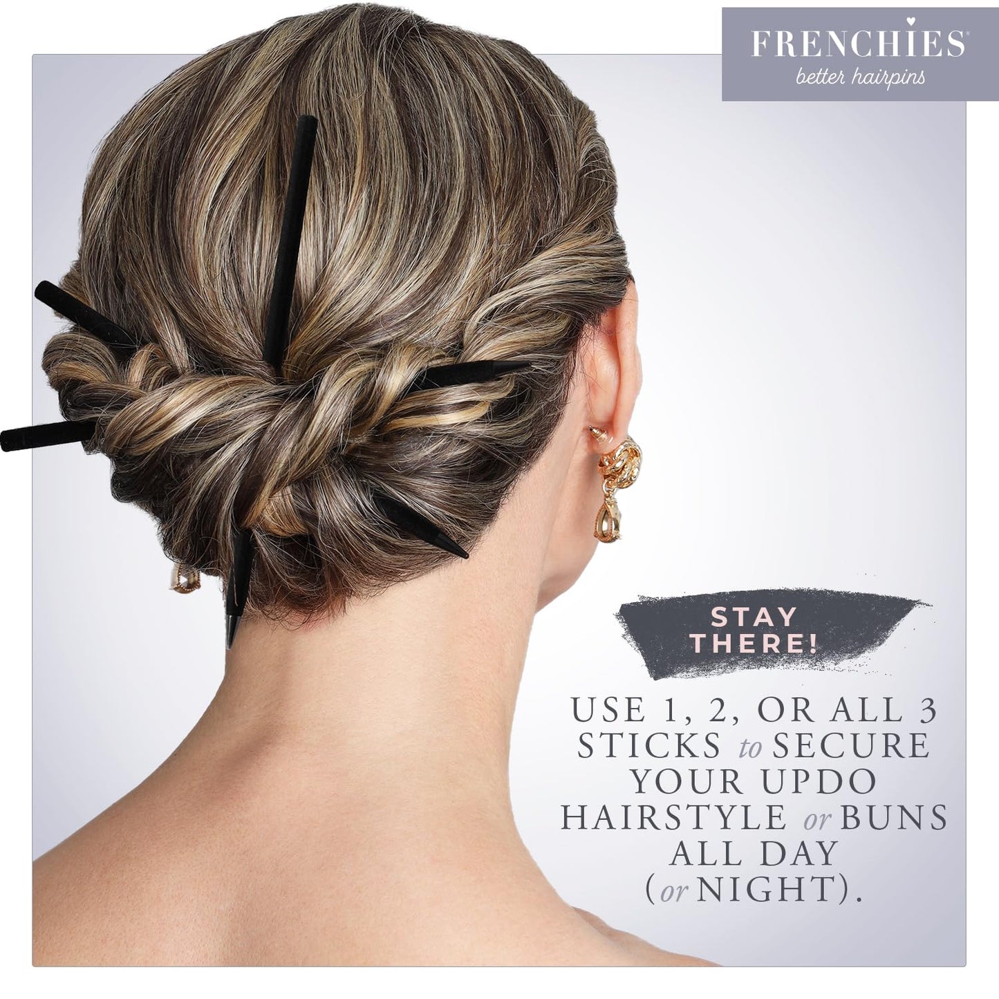 French Twist Hair Sticks | Ultra Soft Flocked Chopsticks for Updos - Pack of 3, Black