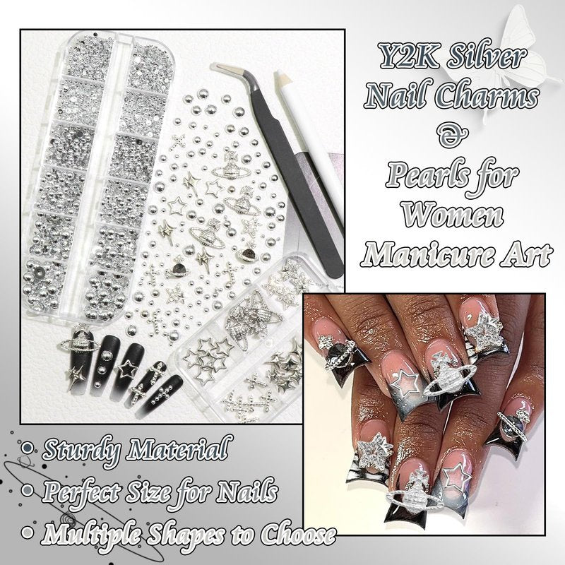 BELICEY 2 Boxes 3D Nail Charms Mix Silver Star Cross Planet Saturn Charms for Nails Silver Flatback Nail Pearls Nail Decoration Gems Pearls for Nails Jewelry for DIY Nail Art Supply Accessories Crafts