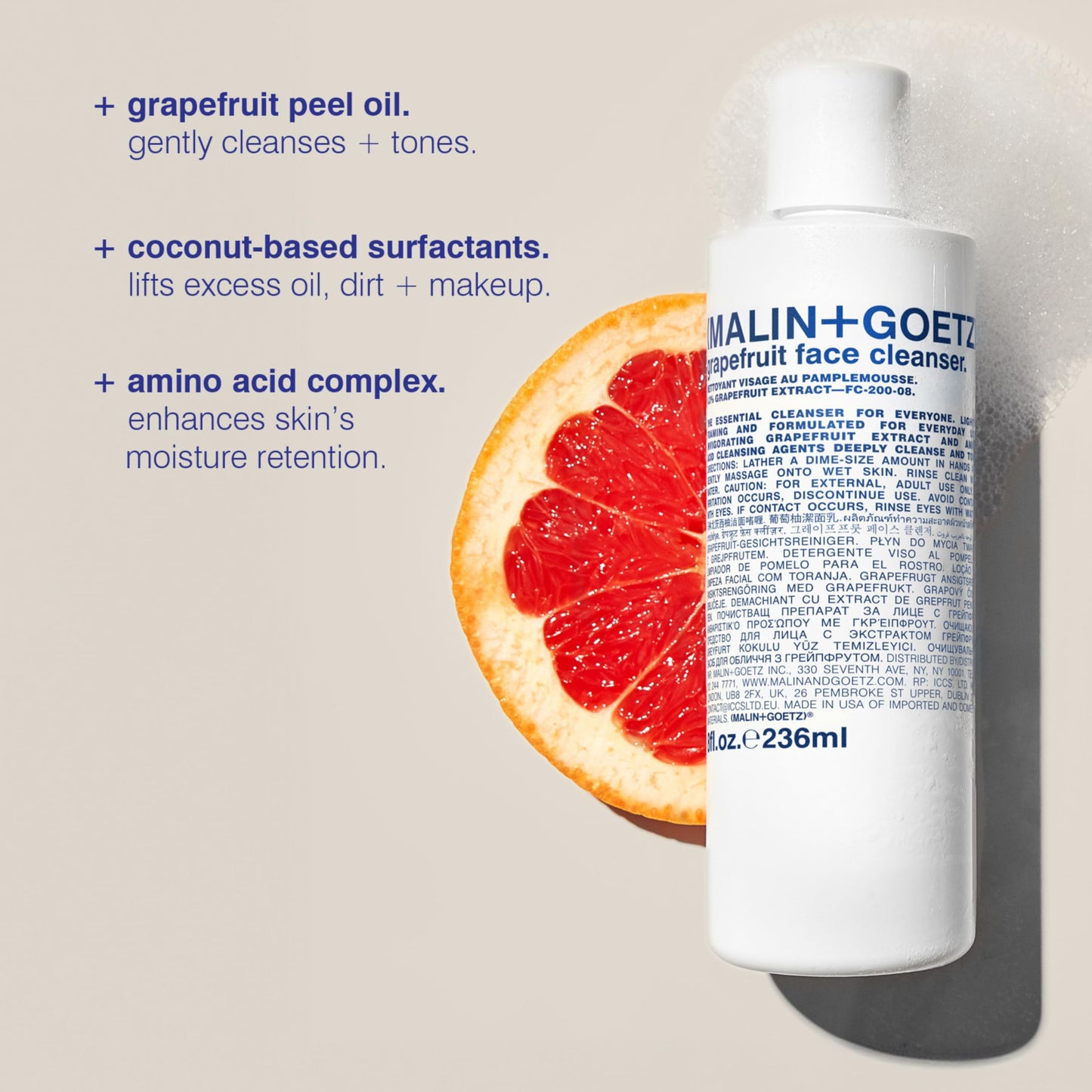 MALIN+GOETZ Grapefruit Face Cleanser | Gentle 3-in-1 Foaming Gel Vitamin-Rich Grapefruit, Amino Acids + Coconut-Based Surfactants | Purifies, Balances + Brightens | Vegan + Cruelty-Free (8 Fl Oz)