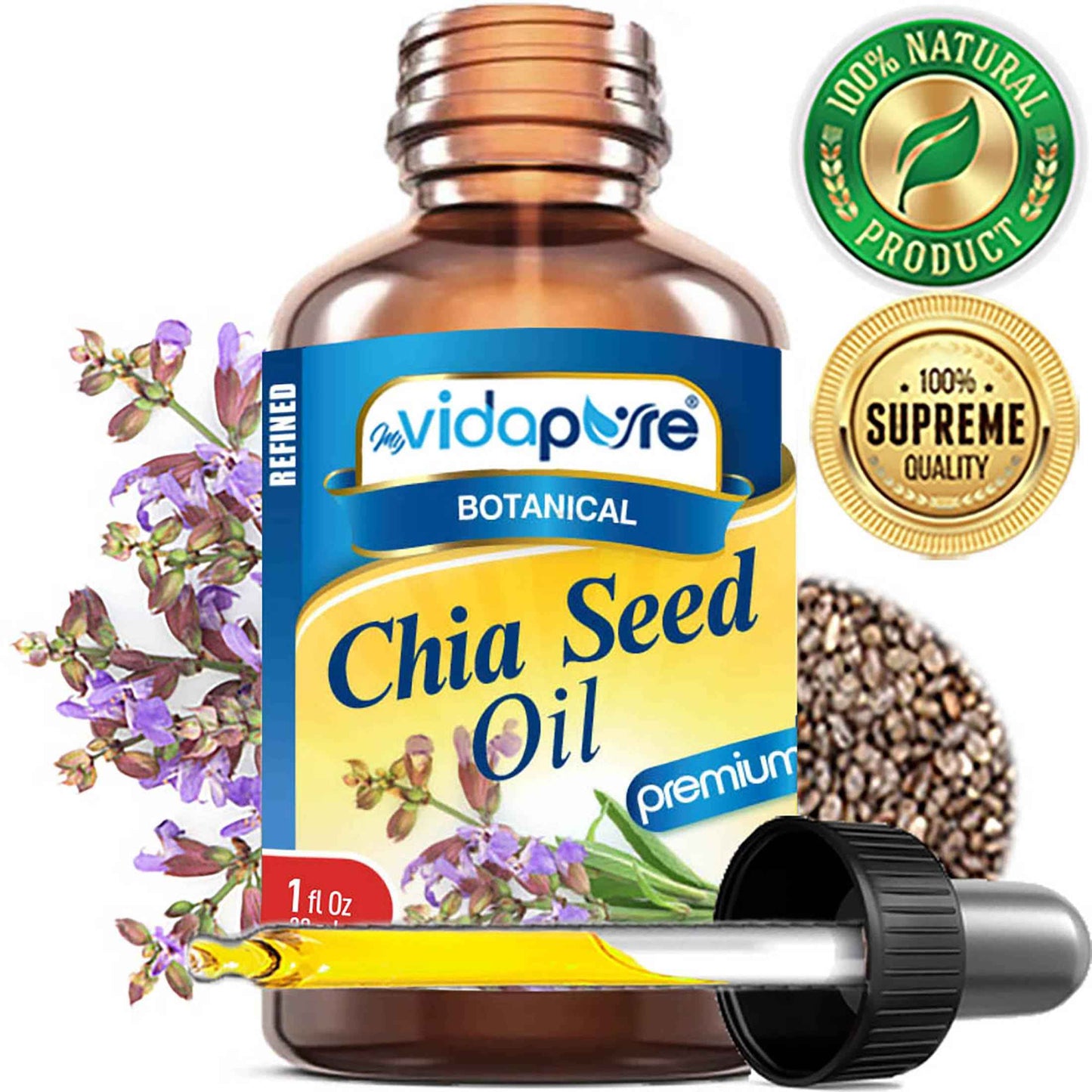 MYVIDAPURE CHIA SEED OIL Pure Natural Undiluted Refined Cold Pressed Carrier Oil for Skin, Face, Hair, Lip and Nail Care Anti-Aging (1 Fl Oz)