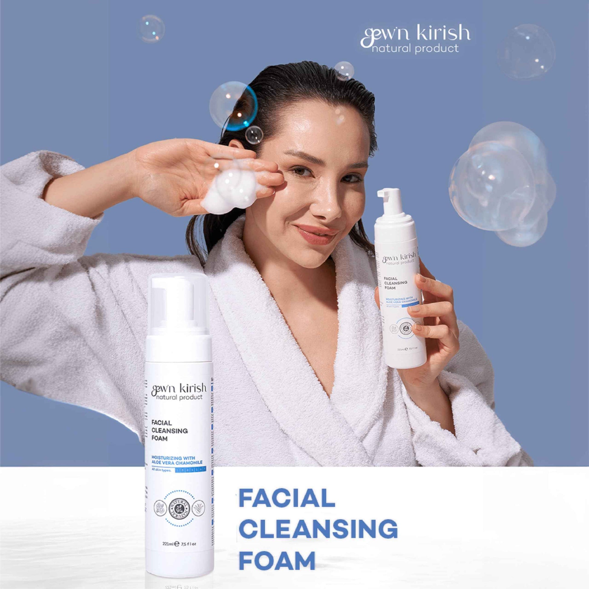 Gew’n Kirish Facial Cleansing Foam – Gentle Daily Cleanser for All Skin Types, With Aloe Vera, Chamomile, Niacinamide, Moisture-Balancing Soft Lather, 7.5 fl oz