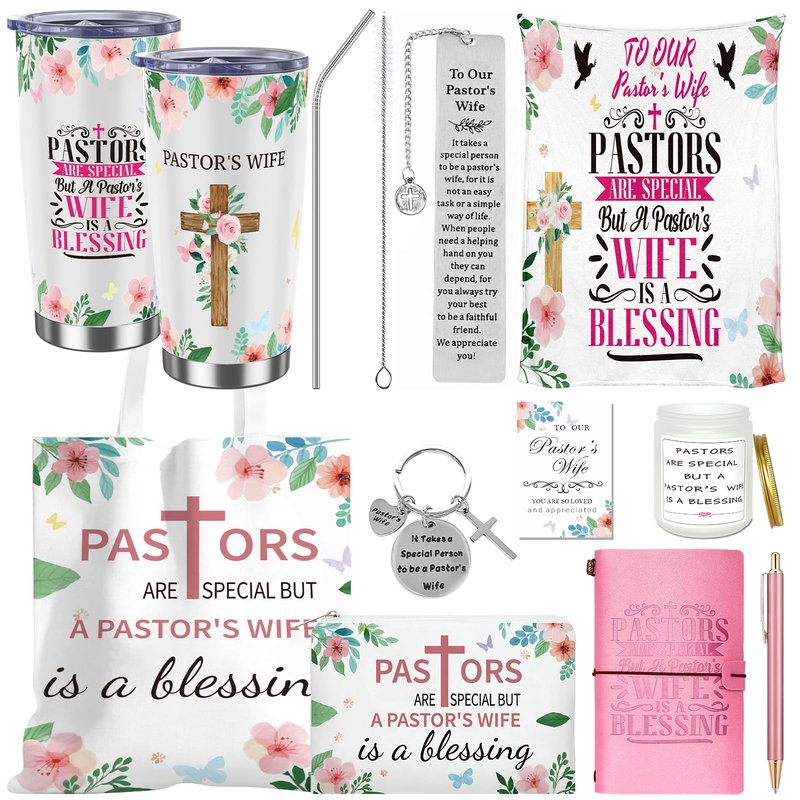 10 Pcs Pastor's Wife Appreciation Gifts Christian Religious Gifts with Blanket Christian Makeup Bag Tote Bag Pen Notebook Cup Aromatherapy Keychain Bookmarks Card Mother's Day Thank You Gift