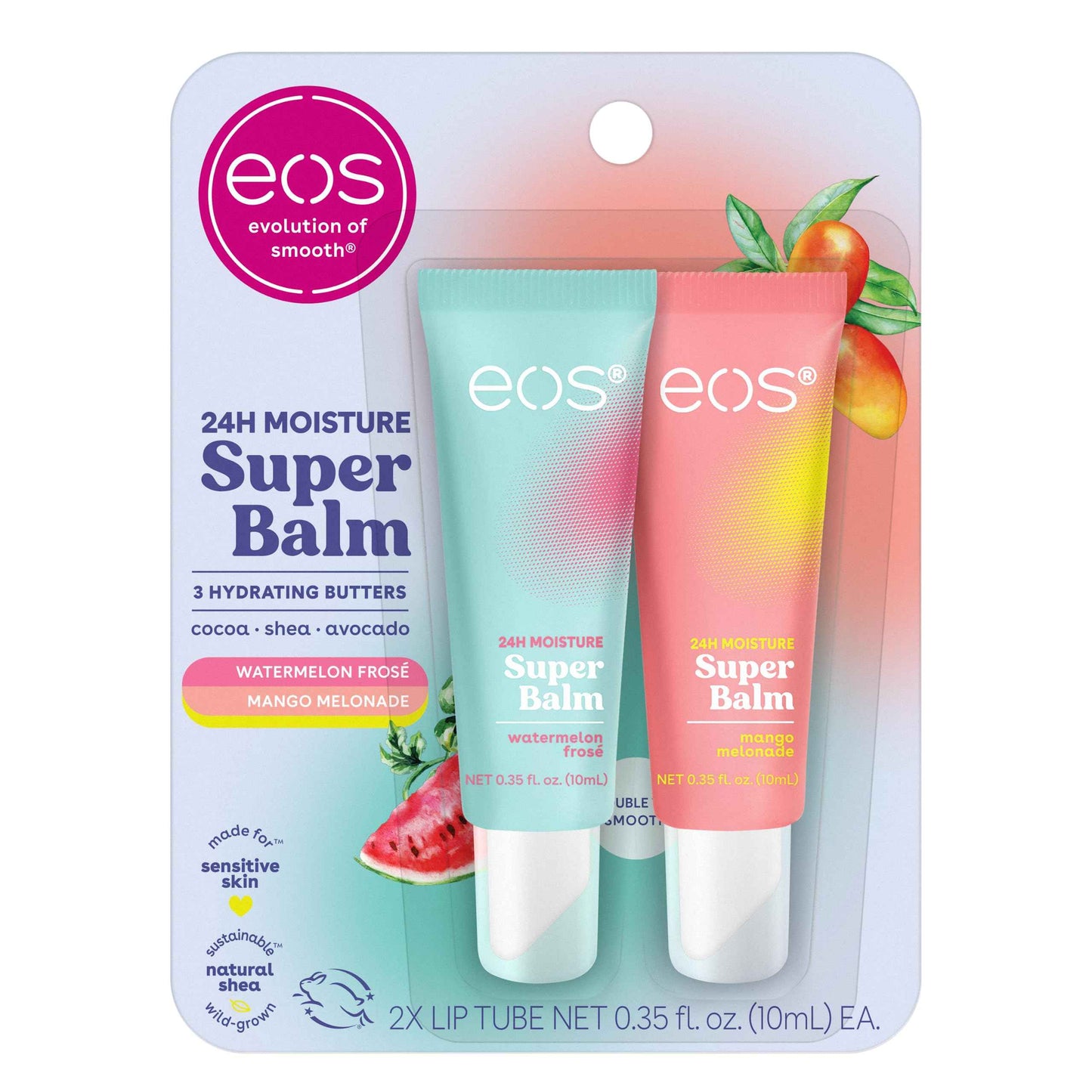 eos The Hero Lip Repair, Extra Dry Lip Treatment, 24HR Moisture, Natural Strawberry Extract, 0.35 fl oz, 2-Pack & 24H Moisture Super Balm- Watermelon Frosé & Mango Melonade, Lip Mask