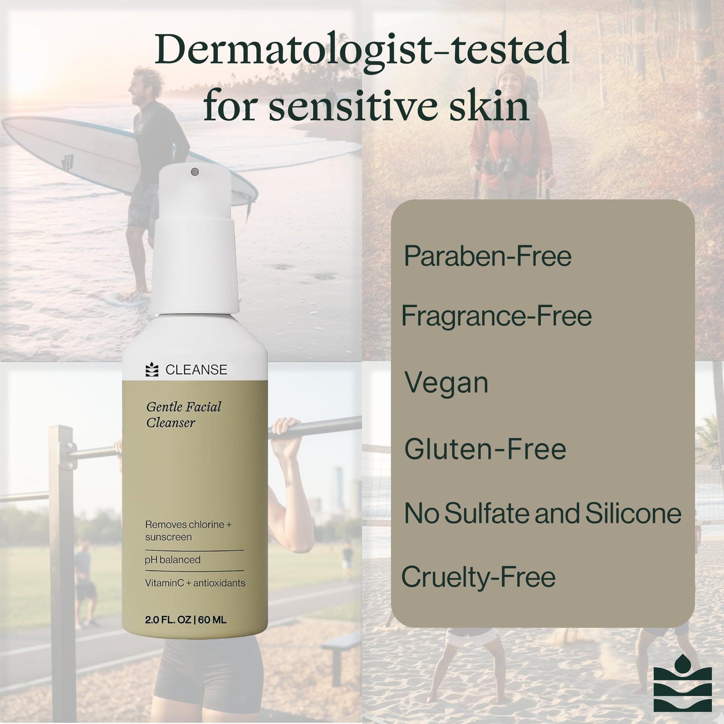 Dermasport Gentle Facial Cleanser for Athletes Hydrating Face Wash with Aloe and Hyaluronic Acid, Removes Chlorine Sweat & Sunscreen, Moisturizing Facewash for Men & Women, Fragrance/Paraben-Free