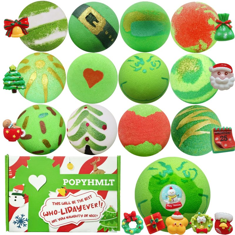 Christmas Bath Bomb,12Pcs Bath Bombs with Surprise Inside, Organic Natural Essential Oils Fun bubble, Creative Christmas Magic Bath Bomb Gift for Boy Girl Birthday Holiday New Year Christmas Halloween