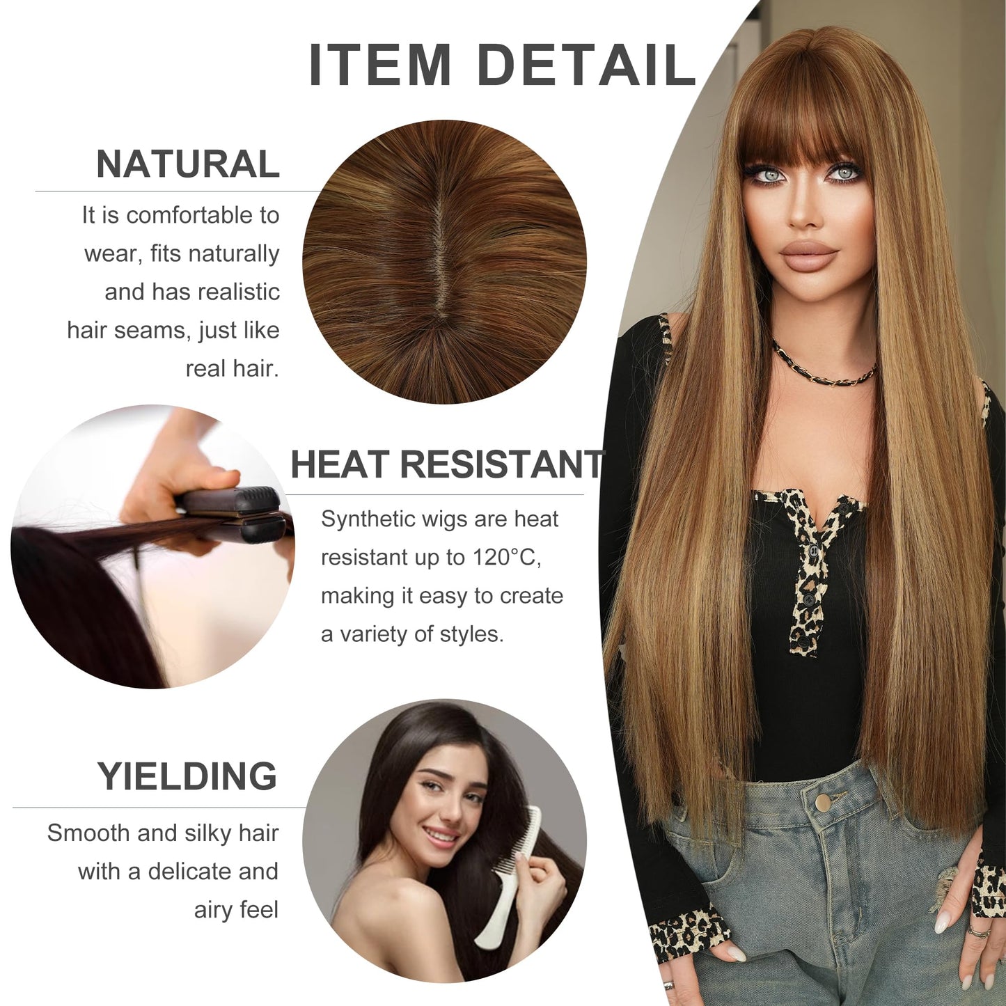 PARK YUN Blonde Highlight Wigs for Women 28 Inch Long Straight Synthetic Wig with Bangs Blonde Mix Brown Heat Resistant Silky Soft Fiber Glueless Full Wig for Daily Party Cosplay Use