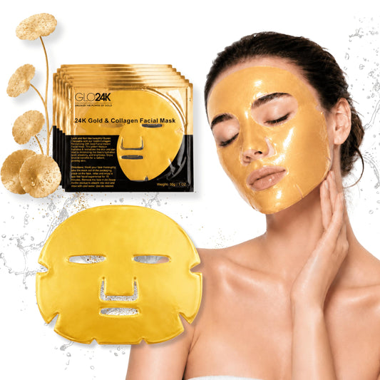 GLO24K Collagen Face Mask – 24K Gold Face Mask, Hydrating Facial Mask with Hyaluronic Acid, Anti Aging Face Mask, Gold Hydrogel Mask for Skin Care, 5 Pack
