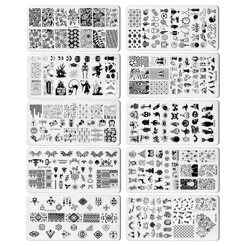 Biutee Nail Stamper Kit with Clear Stamper and Scraper, 10 Nail Stamping Plates and 8 Gel Stamping Polishes, UV Cure Required, Floral Animal Leaves French Nail Art Set for Beginners