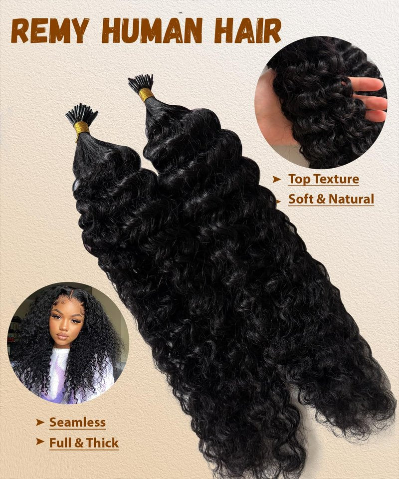 Water Wave I-Tip Hair Extensions - Human Hair Microlinks for Natural Blends | 50g, 20 Inch, Black
