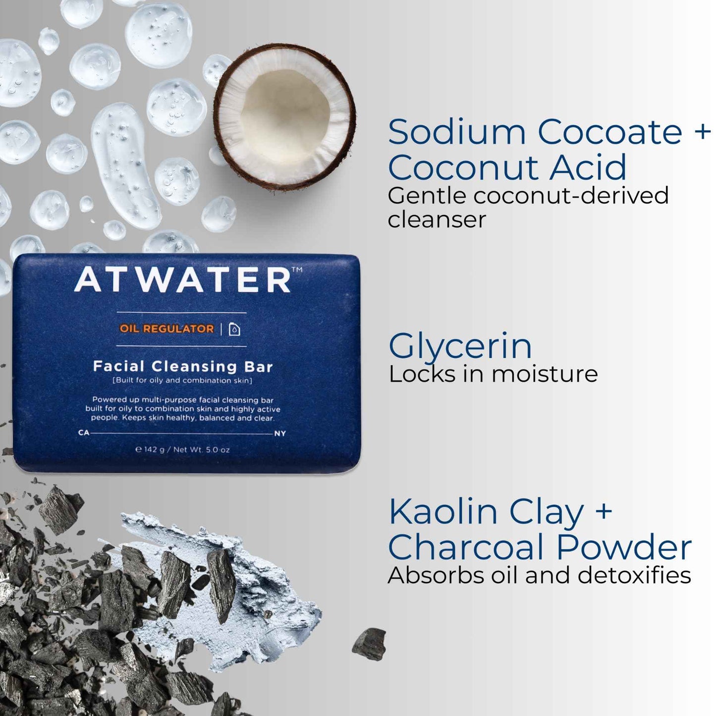 ATWATER Oil Regulator Charcoal Facial Cleansing Bar for Oily to Combination Skin, Sulfate-Free Rich Lathering Face Wash with Charcoal and Coconut - 5 oz