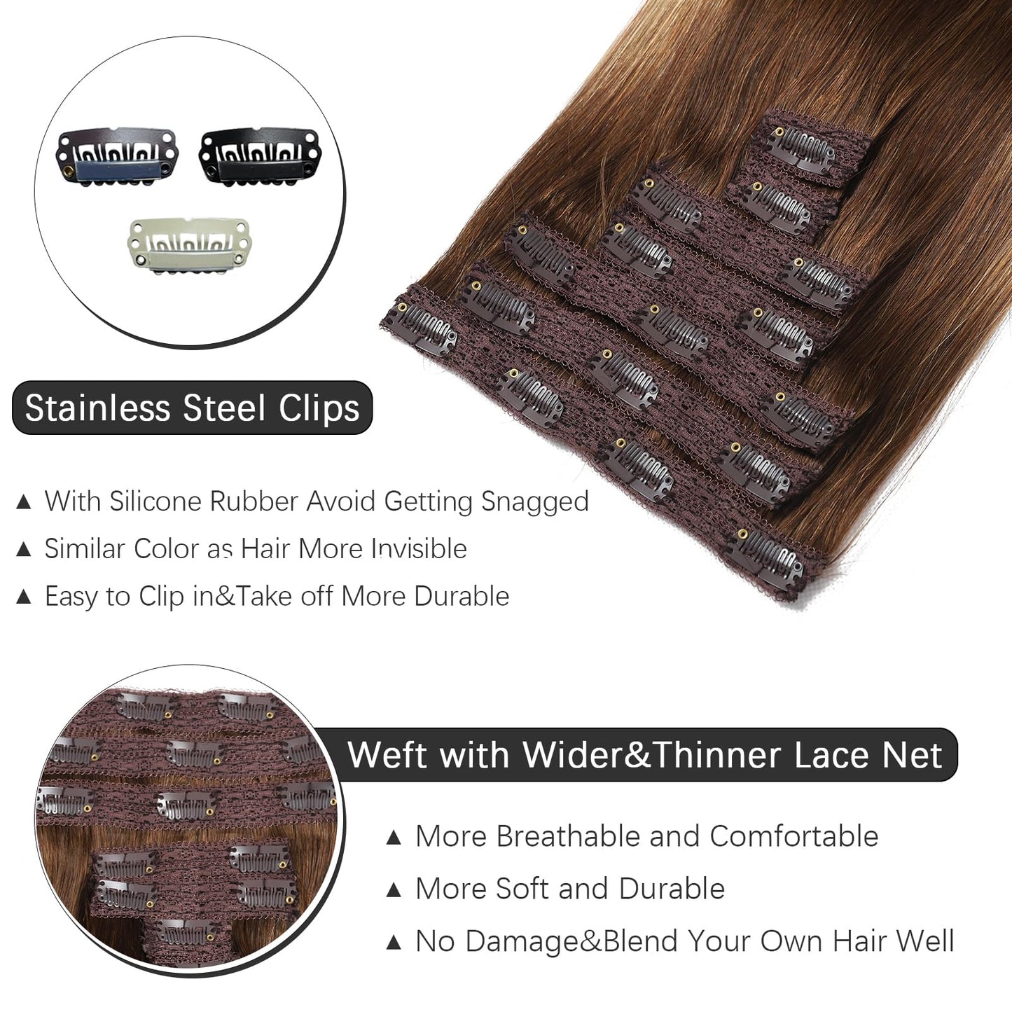 Rimoss Clip in Hair Extensions Real Human Hair - 14 Inch 7pcs, Ombre Chocolate Brown to Caramel Blonde Balayage Color - Soft Human Hair Clip in Extensions Straight for Women