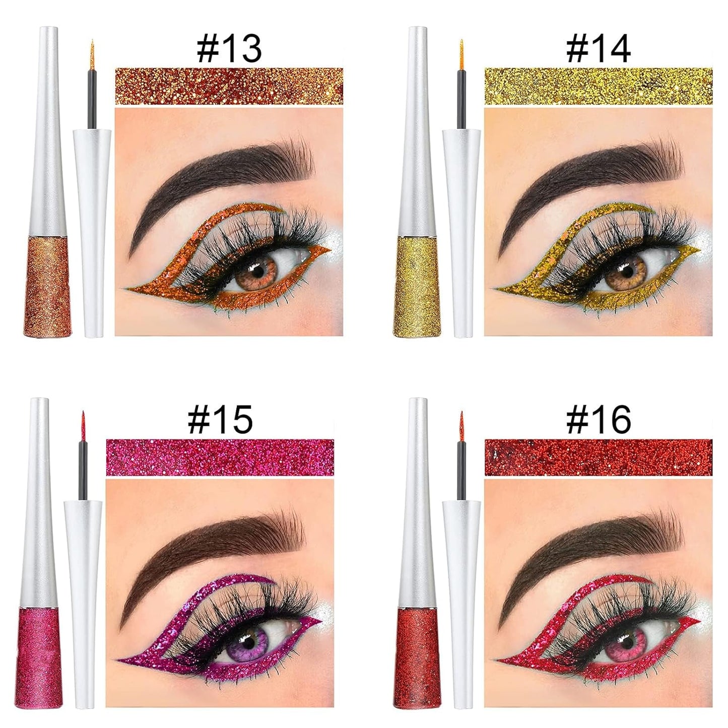 16PCS Liquid Glitter Eyeliner Set - High Pigmented Waterproof Metallic Eye Liner Kit | 16 Vibrant Colors