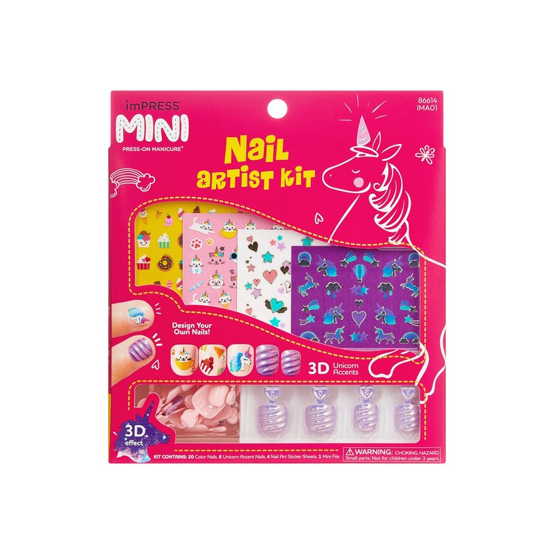 Kiss Impress No Glue Mani Press On Nails, 'Nail Artist Kit', Pink, Kids Size, Squoval Shape, Includes 26 Nails, 4 Sticker Sheets, 1 Mini File