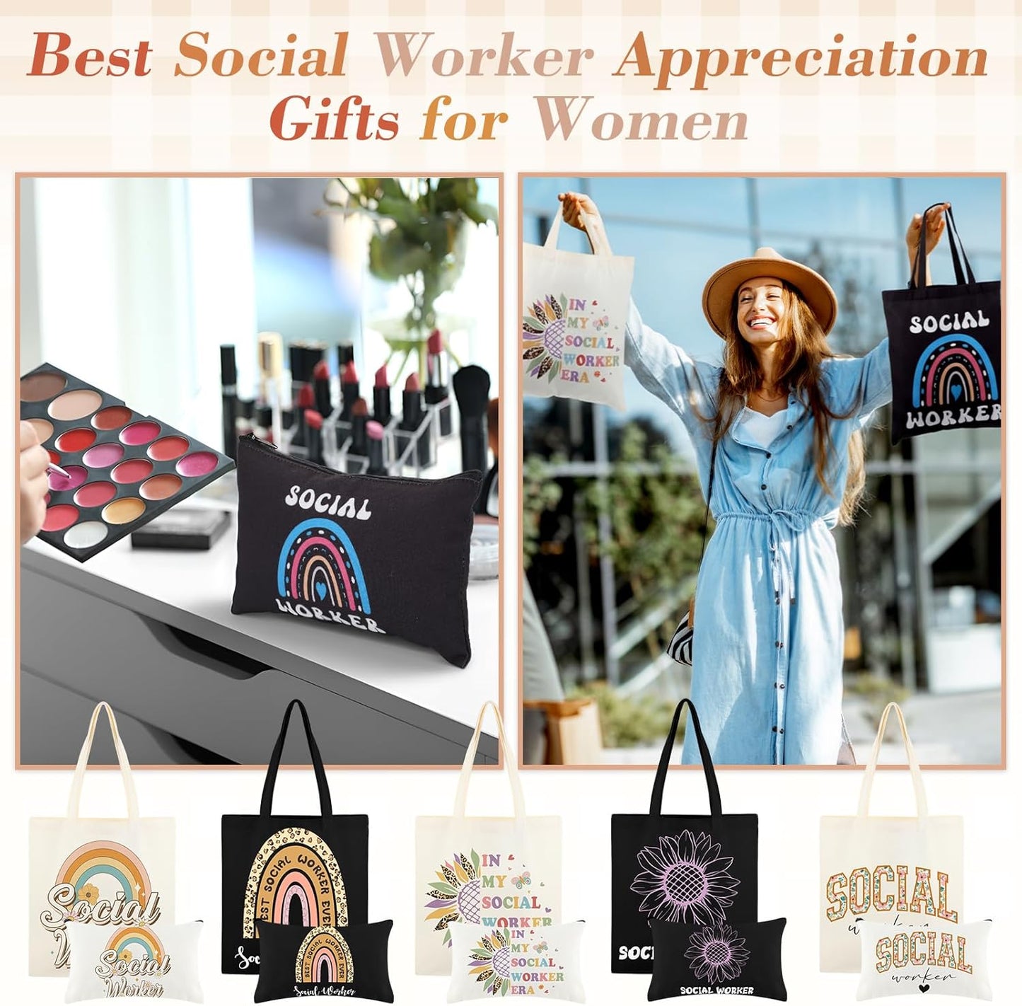 Social Worker Gifts - 24 Pcs Canvas Tote & Zip Makeup Bags | Appreciation Gifts for BSW, MSW, DSW, LCSW