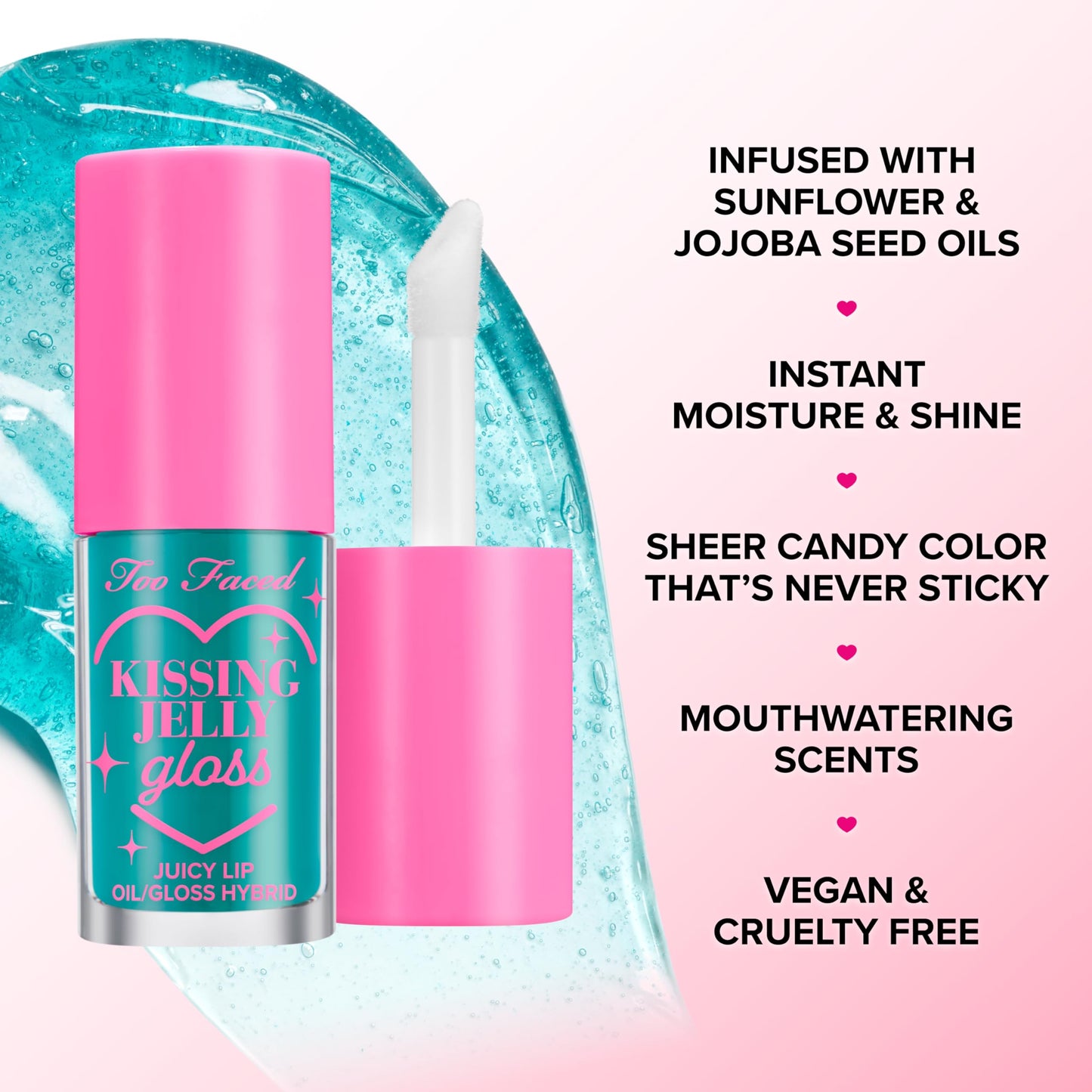 Too Faced Kissing Jelly Lip Oil + Gloss | Hydrating Lip Serum Treatment with Jojoba Oil for Instant Moisture and Glossy Shine, 0.15 Fl Oz, Raspberry