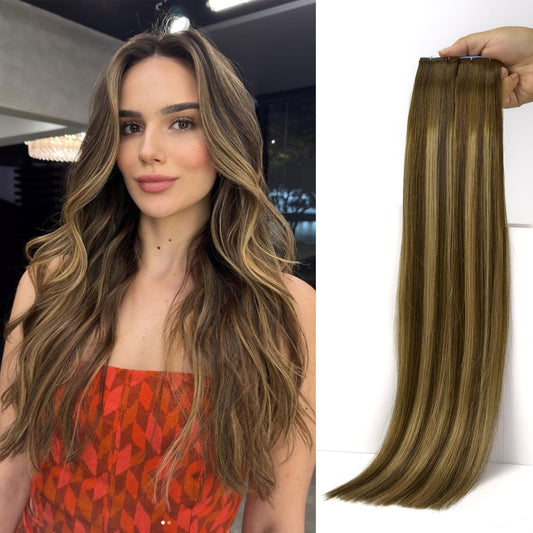LOVELINE Tape in Hair Extensions Human Hair, Balayage Chocolate Brown to Caramel Blonde, 16 Inch 20pcs 50g, Skin Weft Seamless Invisible, Soft and Thick Luxury Remy Human Hair Extensions
