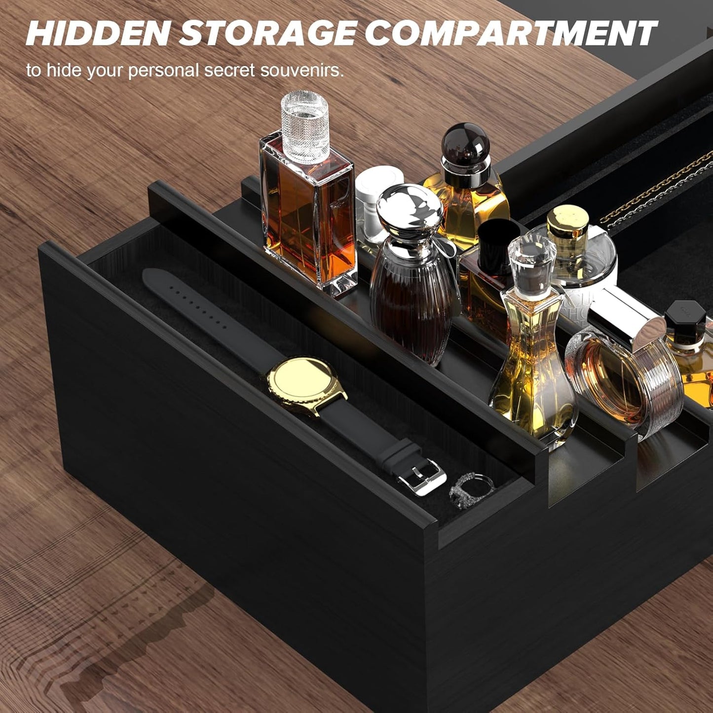 Cologne Organizer for Men - 4-Tier Black Wood Perfume Holder with Felt Lining & Hidden Compartment | Perfect Gift Idea