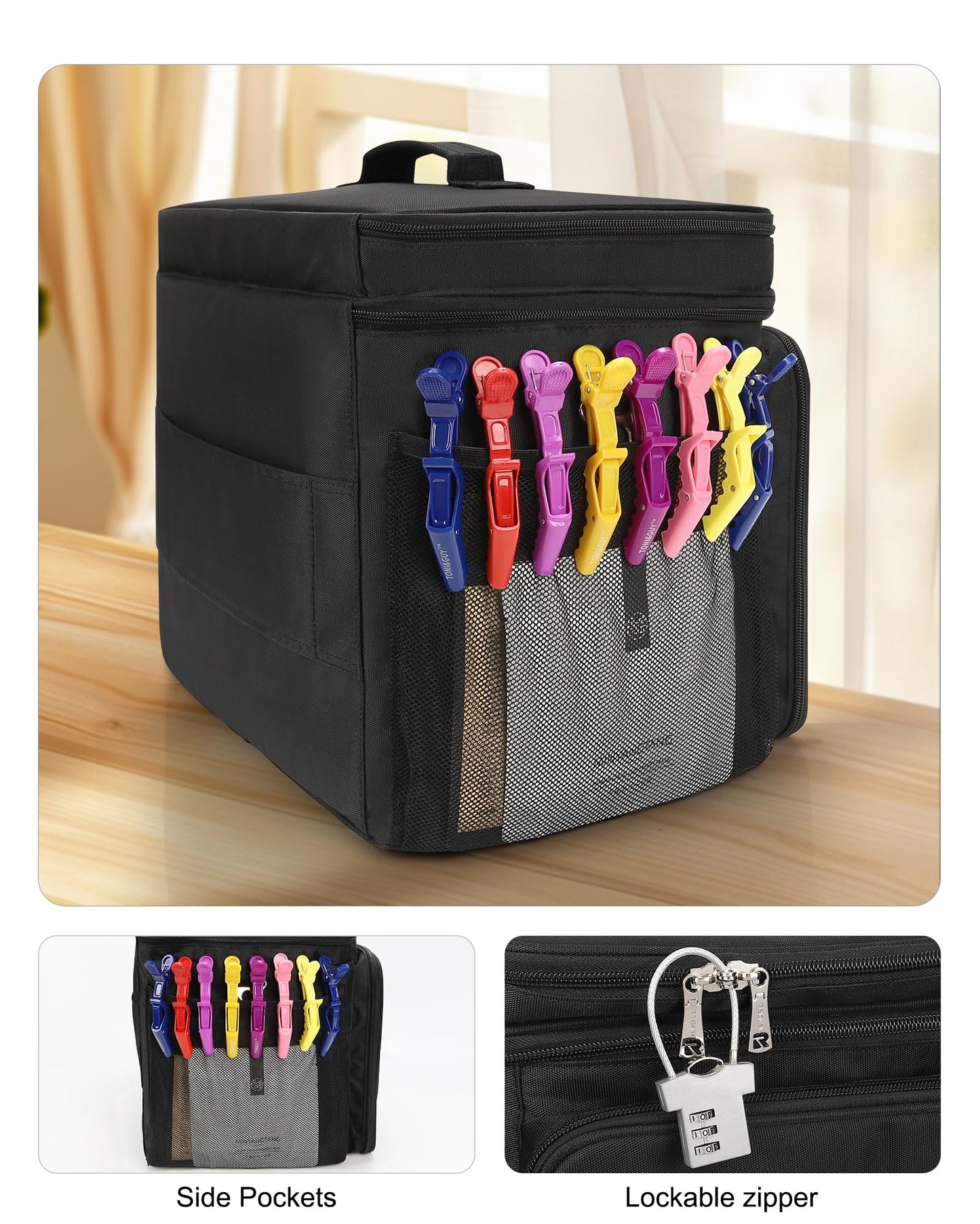 Twofold Hairstylist Traveling Bag, Heat Resistant Cosmetology Bag for Hairstylists, Dual-Layer Design with Detachable Dividers, Multi-Functional Hair Tools Organizer for Travel - Black