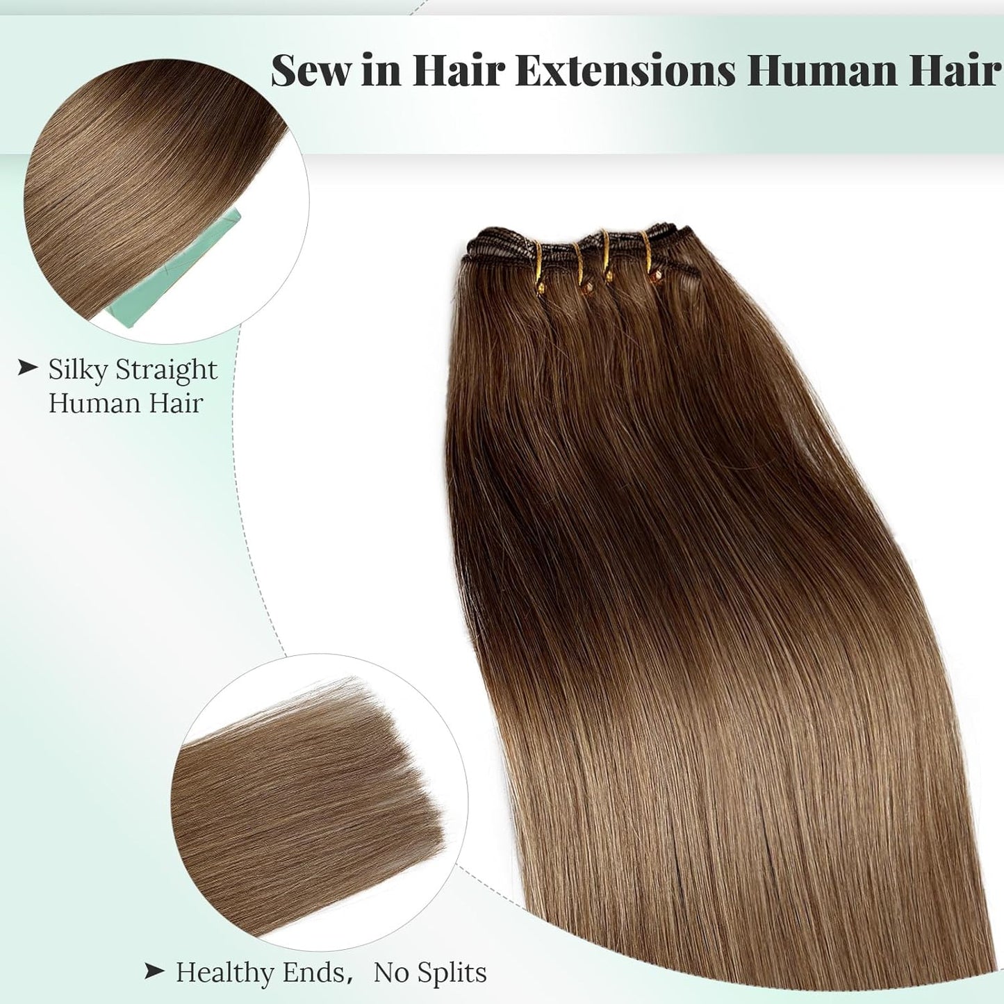 Human Hair Weft Extensions - Ash Brown Sew-In Double Weft | 12 Inch Thick Straight Bundles for Women