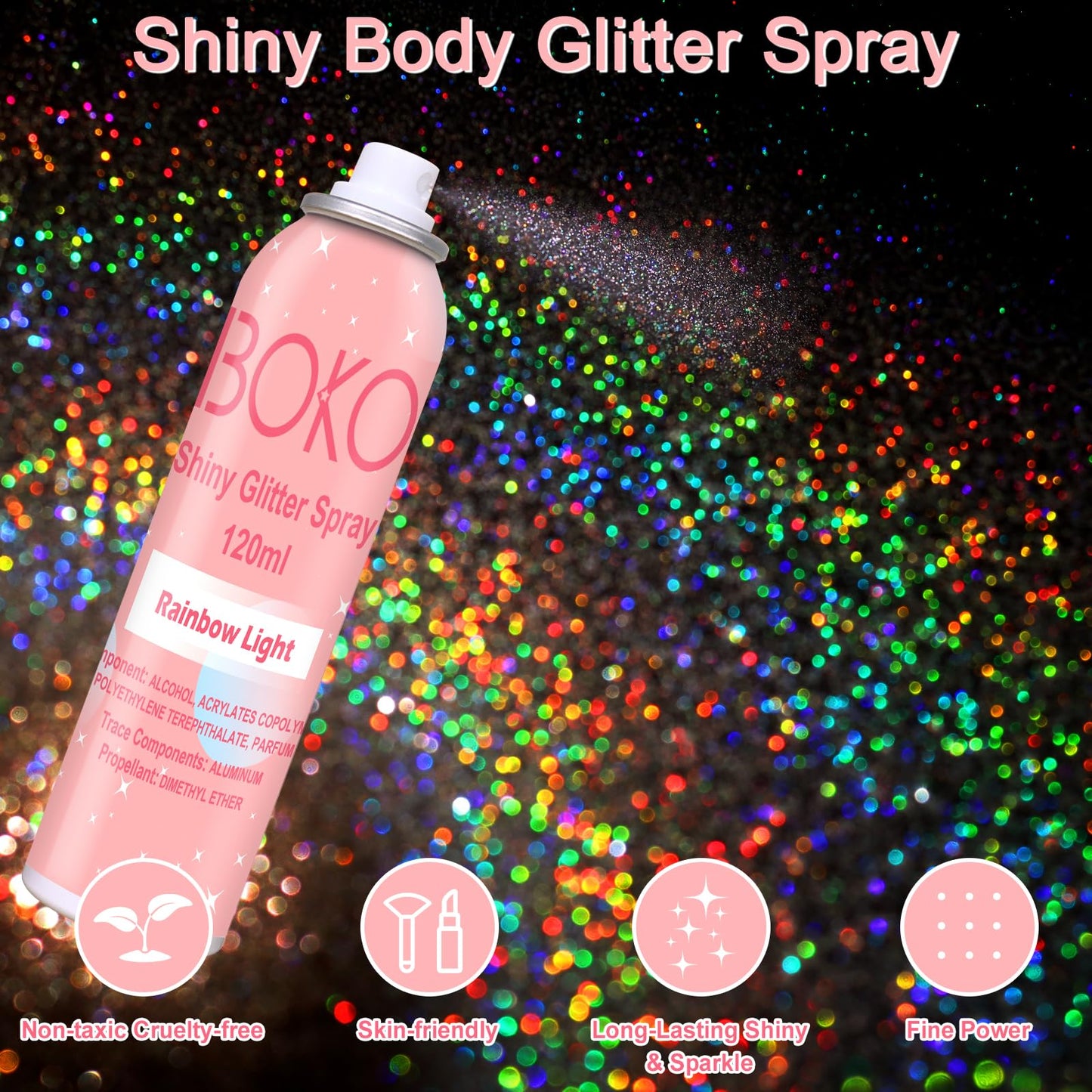 Boko Body Glitter Spray, 120ML Holographic Silver Shiny Glitter Spray for Body Hair Clothes, Quick-Drying and Long-Lasting Body Shiny Glitter Hairspray for Festival Party Concert Rave Accessories