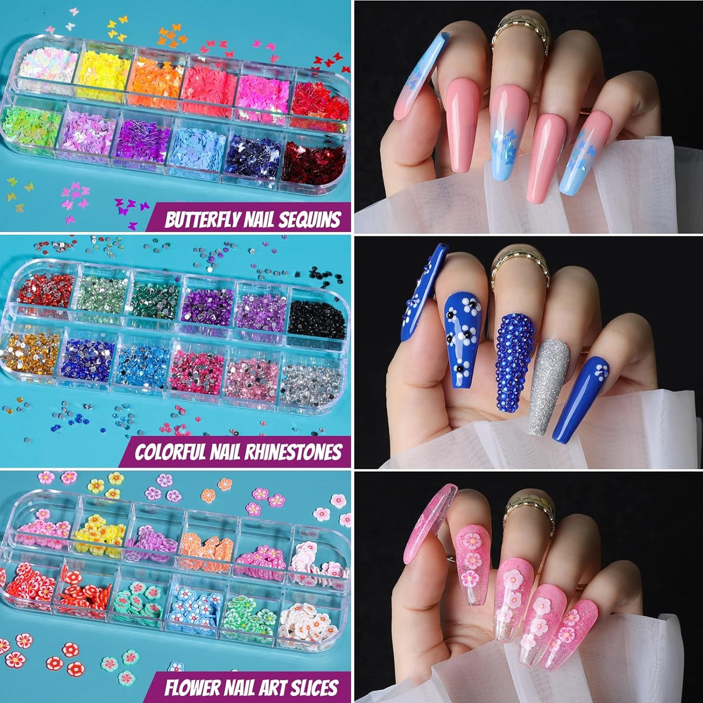Acrylic Press-On Nail Kit - Clear Coffin Tips, Art Brushes, Glitter & Rhinestones | Complete Nail Supplies