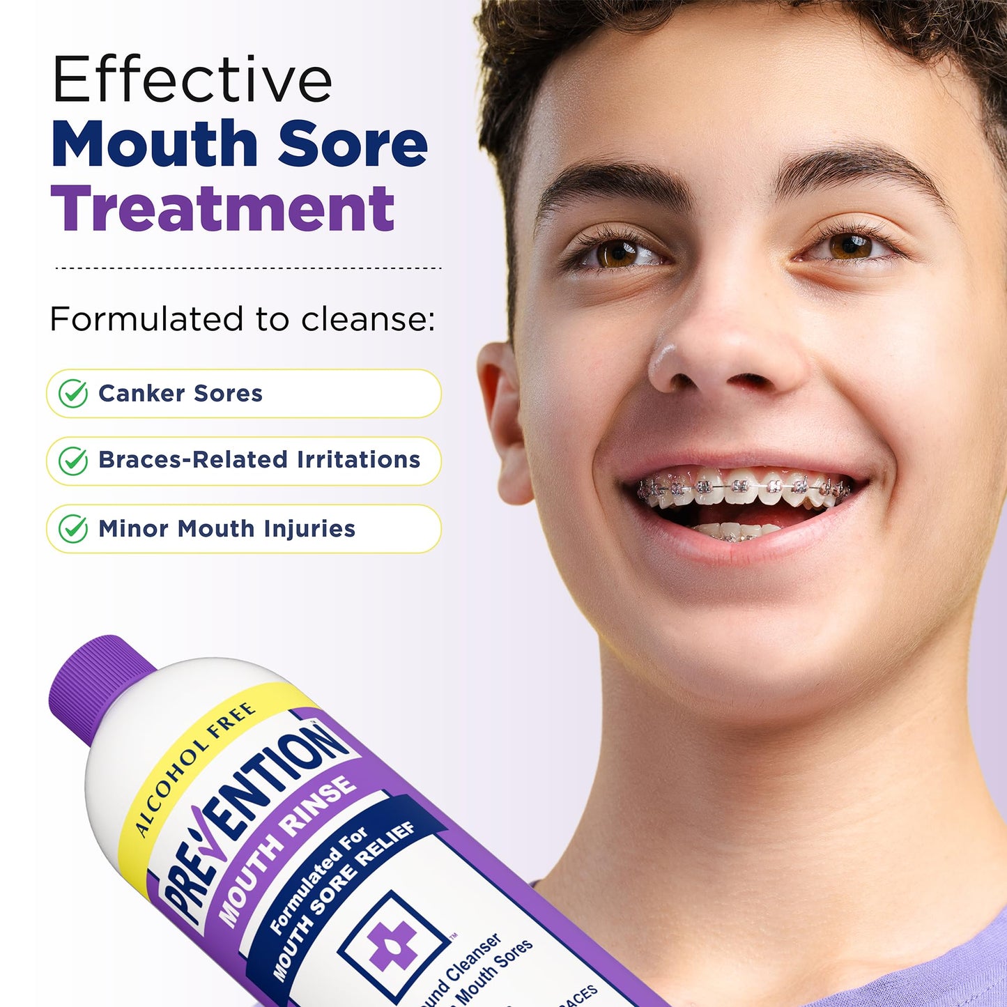 Prevention Mouth Sore Mouth Rinse, Canker Sore Treatment, Oral Pain Relief Mouthwash for Ulcers and Sores, Braces, with Hydrogen Peroxide, Alcohol-Free, Fluoride Free, 16 oz, Soothing Mint, 2 Pack
