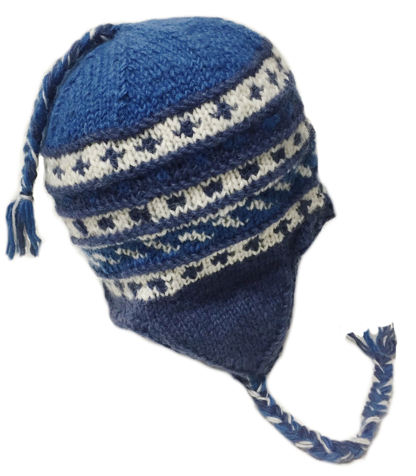 Nepal Hand Knit Sherpa Hat with Ear Flaps, Trapper Ski Heavy Wool Fleeced Lined Cap (White/Blue)