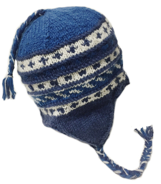Nepal Hand Knit Sherpa Hat with Ear Flaps, Trapper Ski Heavy Wool Fleeced Lined Cap (White/Blue)