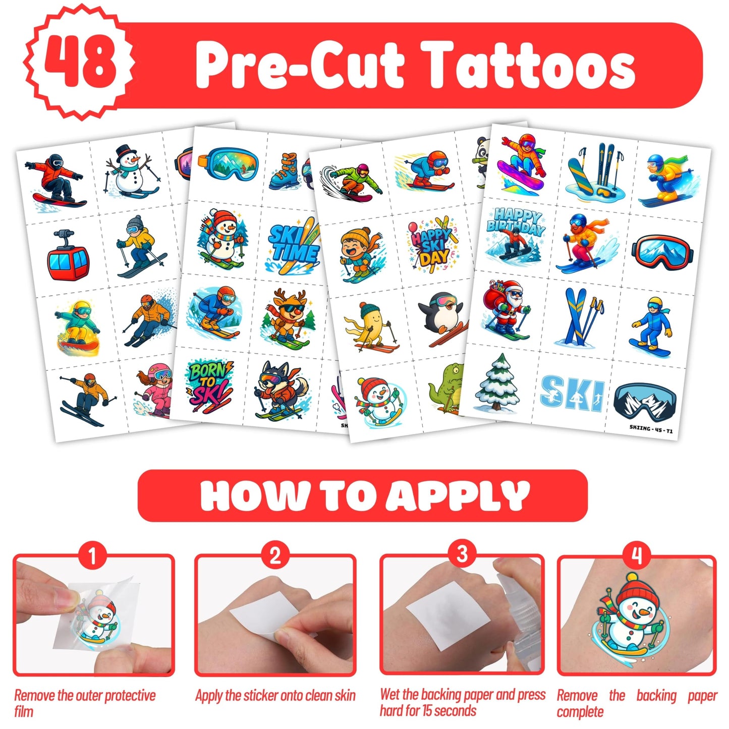 72PCS Skiing Party Set - 48PCS Temporary Tattoos & 24PCS Slap Bracelets - Fun Winter Sports-Themed Birthday Supplies, Baby Shower Gifts, Classroom Rewards & Party Decor for Kids (Boys & Girls)