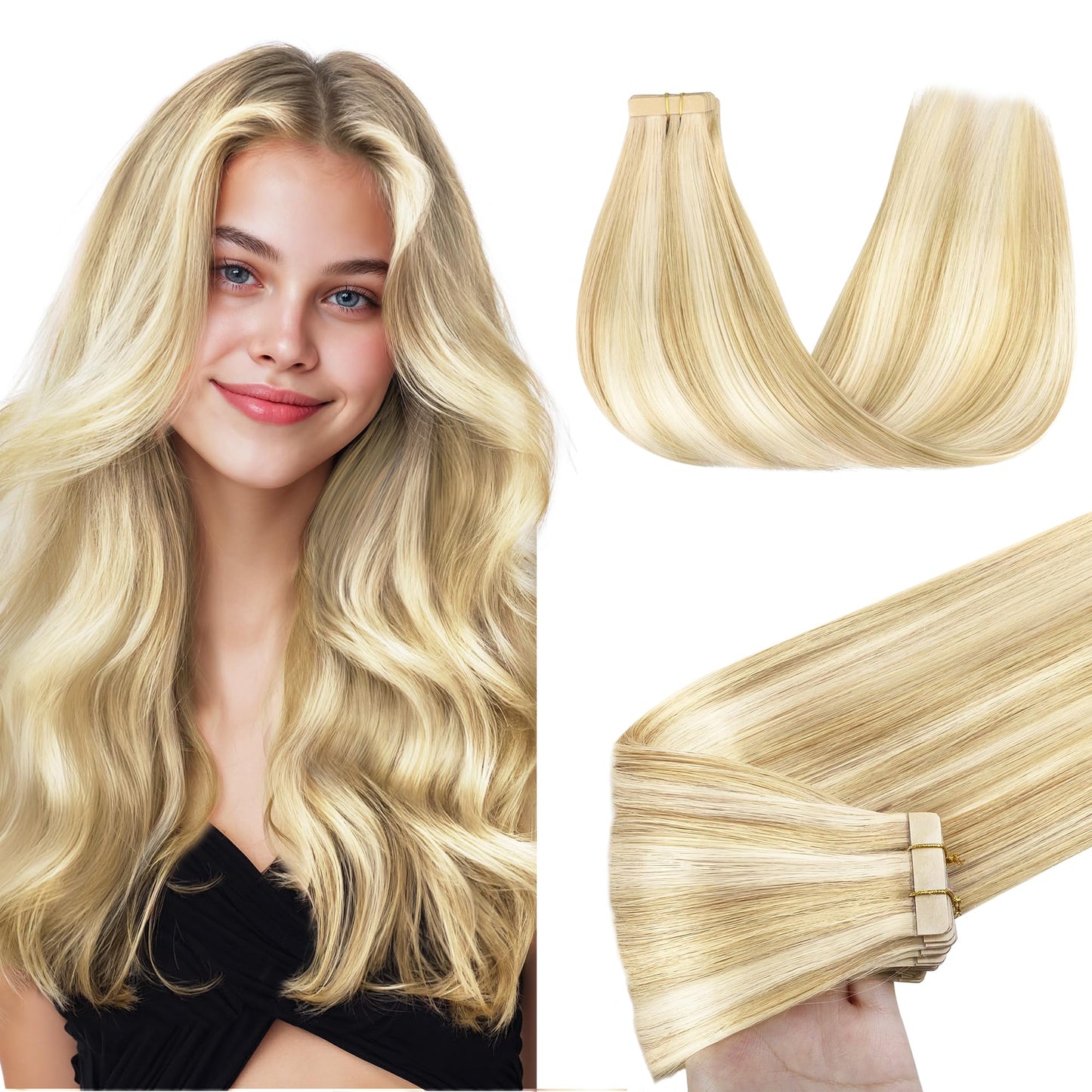 GOO GOO Tape in Hair Extensions Human Hair, 18D/22F Dirty Blonde Highlights, 18inch 50g 20pcs, Skin Weft Seamless Invisible, Silky Straight with Thick Ends, Remy Human Hair