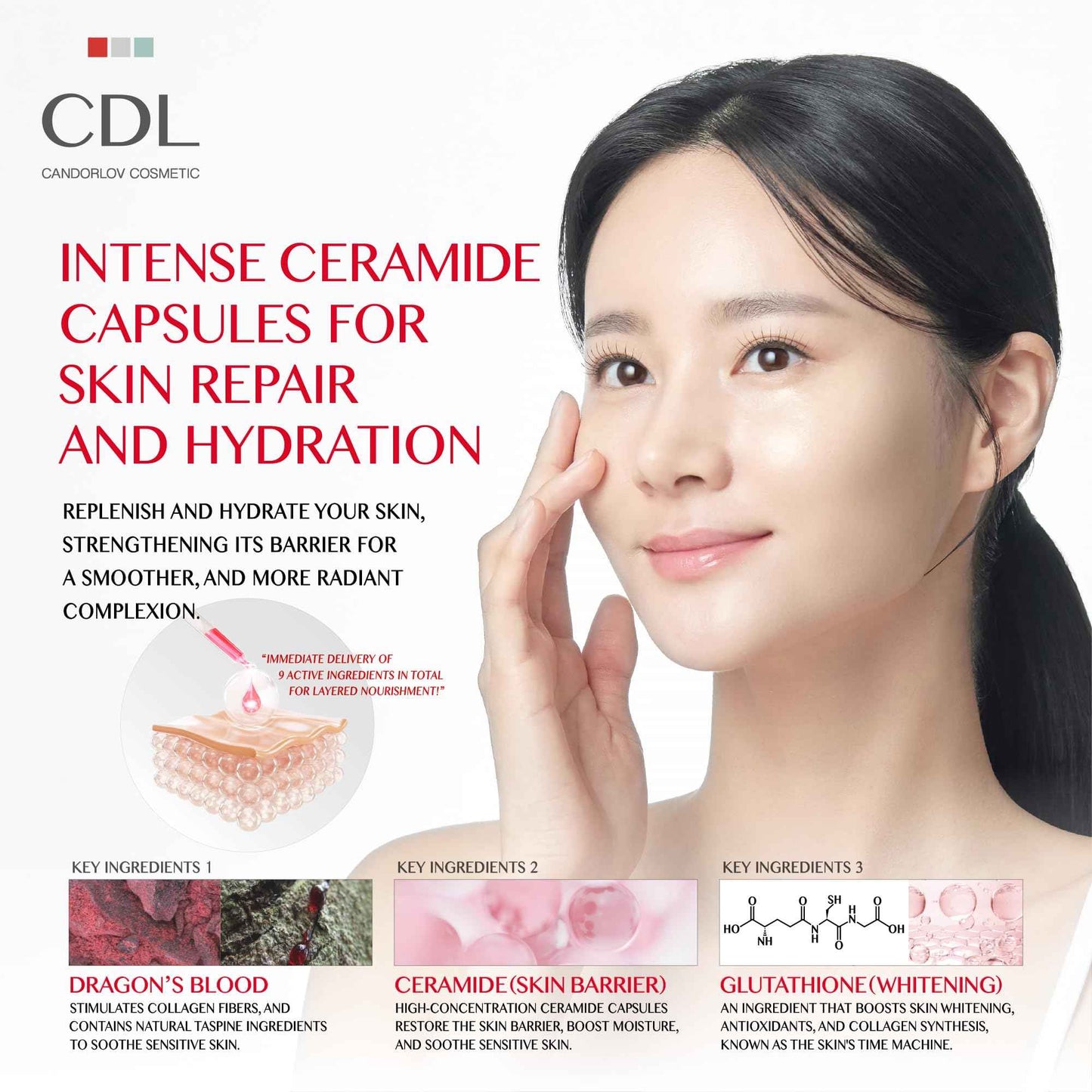 Candorlov Ceramide Serum with Glutathione Dragon Blood for Anti Aging Hydration for Sensitive Acne-Prone Skin, Korean Skin Care for Men Women, Calming Irritation, Skin Firming K Beauty(1.01 fl.oz)