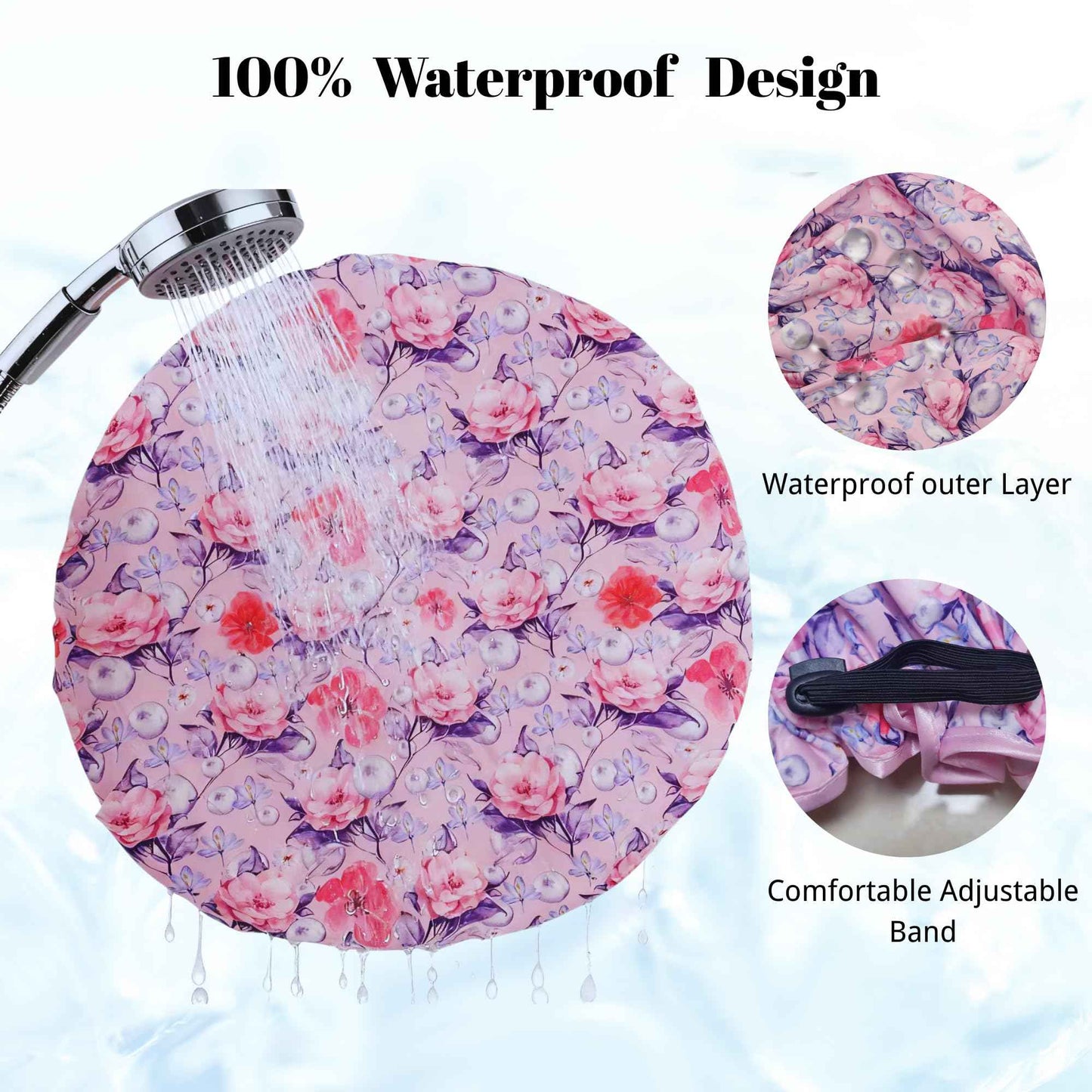 Luxury Shower Cap for Women Reusable Waterproof, 2 PCS Extra Large Double Layered Shower Caps for Long Hair with Adjustable Elastic Strap, Large Satin Lined Shower Bath Cap for All Hair Lengths